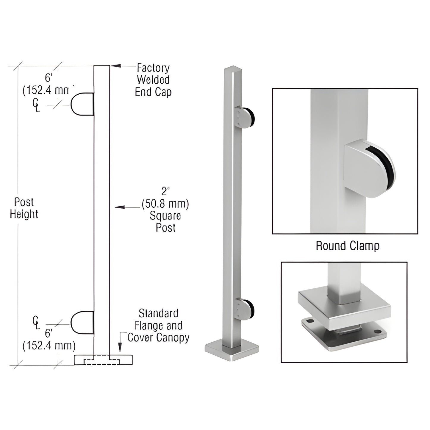 2 in. stainless steel square post kit with round glass clamps, base plate cover canopy (SPR36EBS)