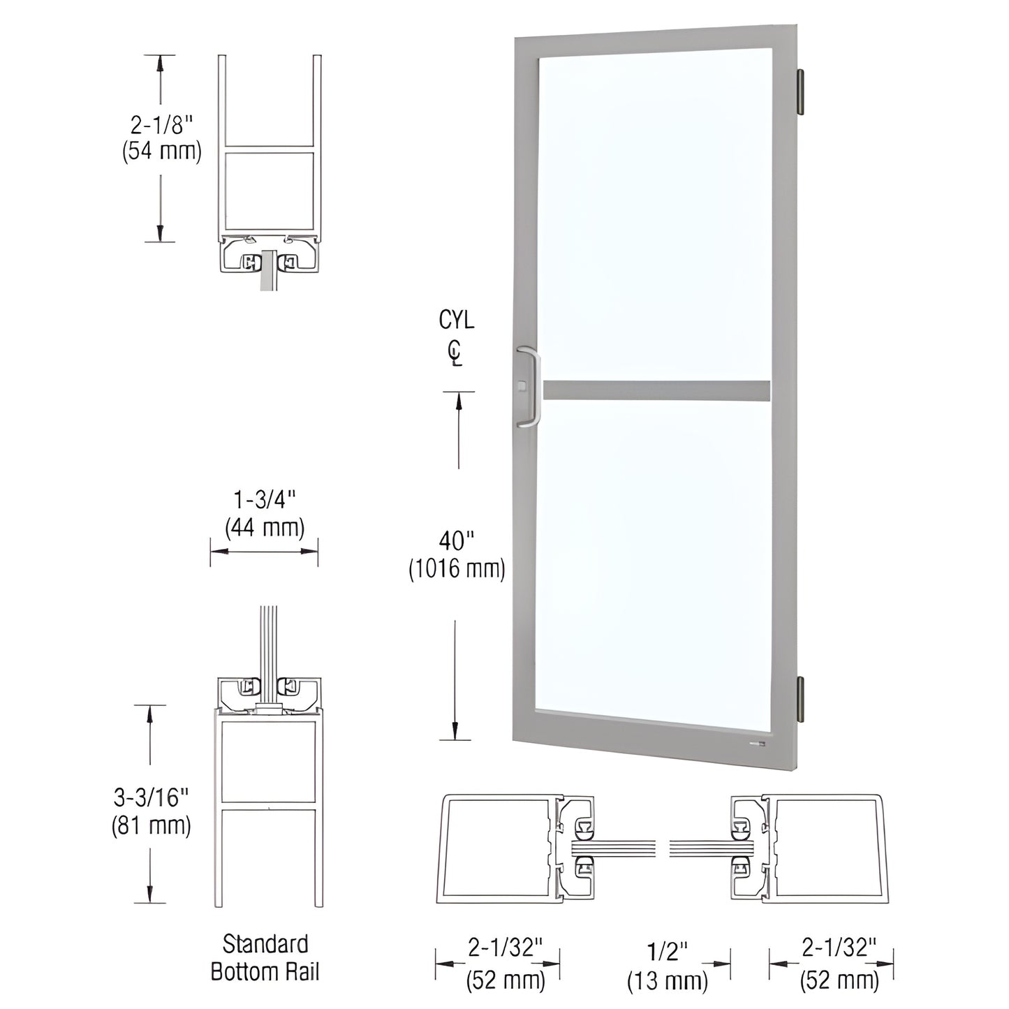 DZ21511 clear anodized narrow-stile commercial entrance door, glass panel, bottom rail, hinge and panic hardware prep