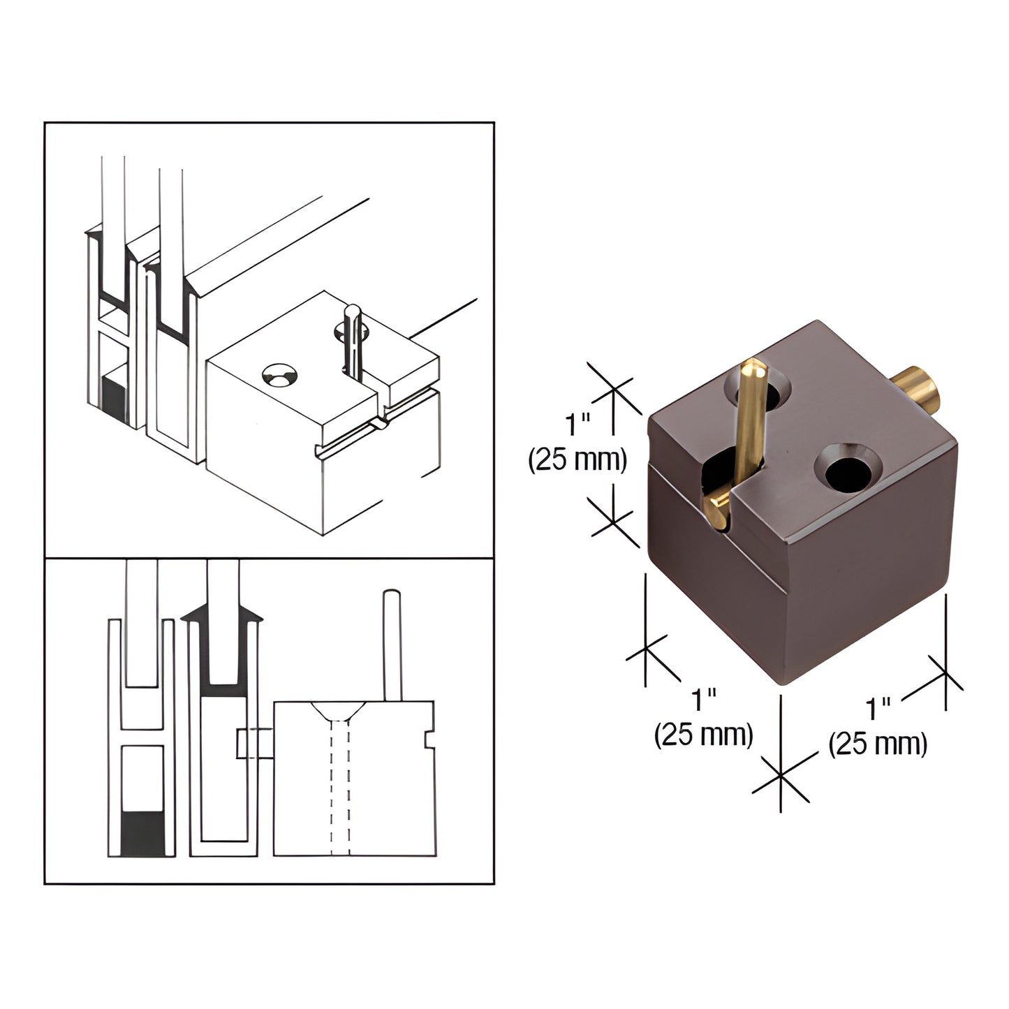 CRL D813DU dark bronze anodized 1" cube deck catch for pass thru windows with spring plunger, diagram shown