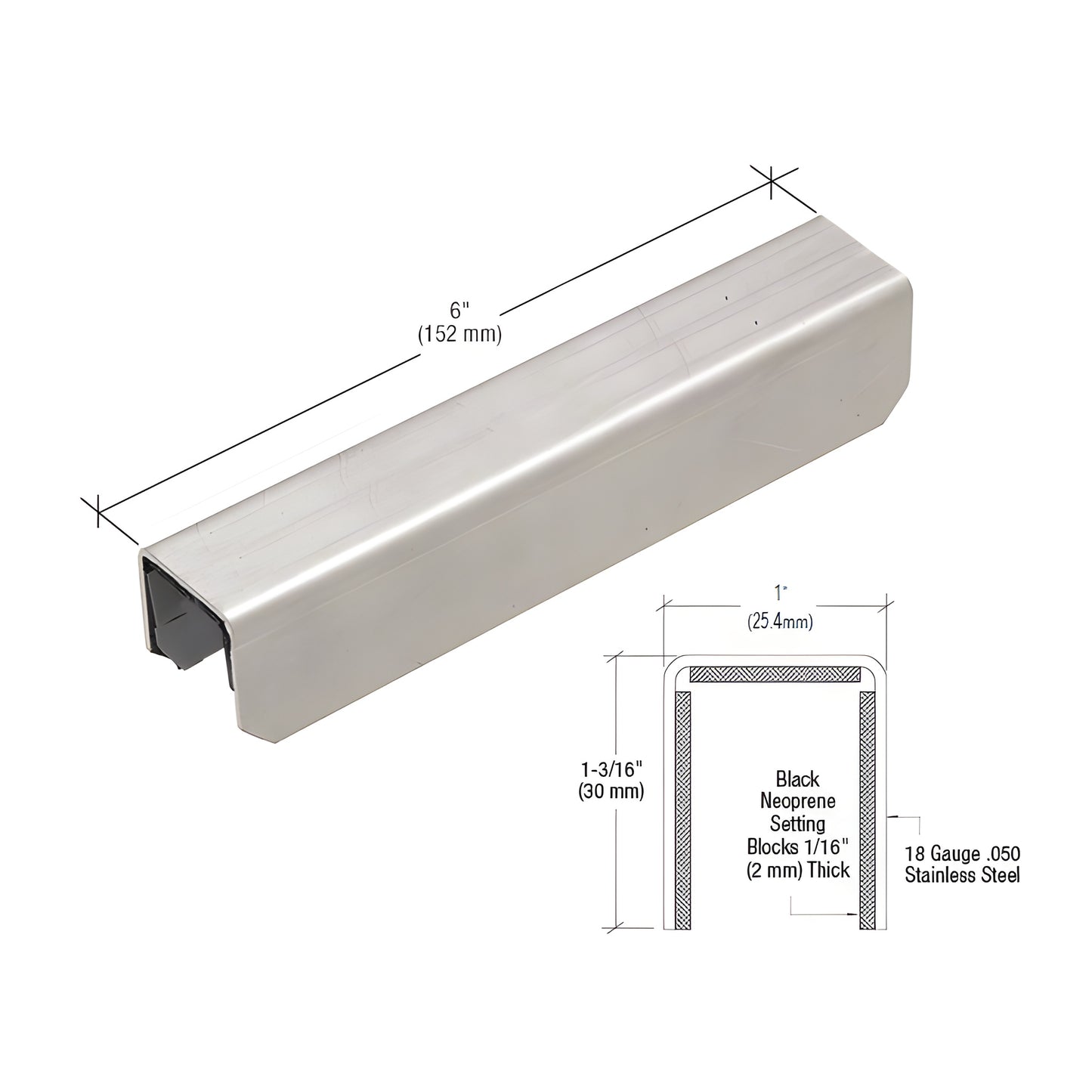 Stainless steel 6" cap rail connector sleeve (GRL107CSS) for 11 gauge railing, slip in alignment.