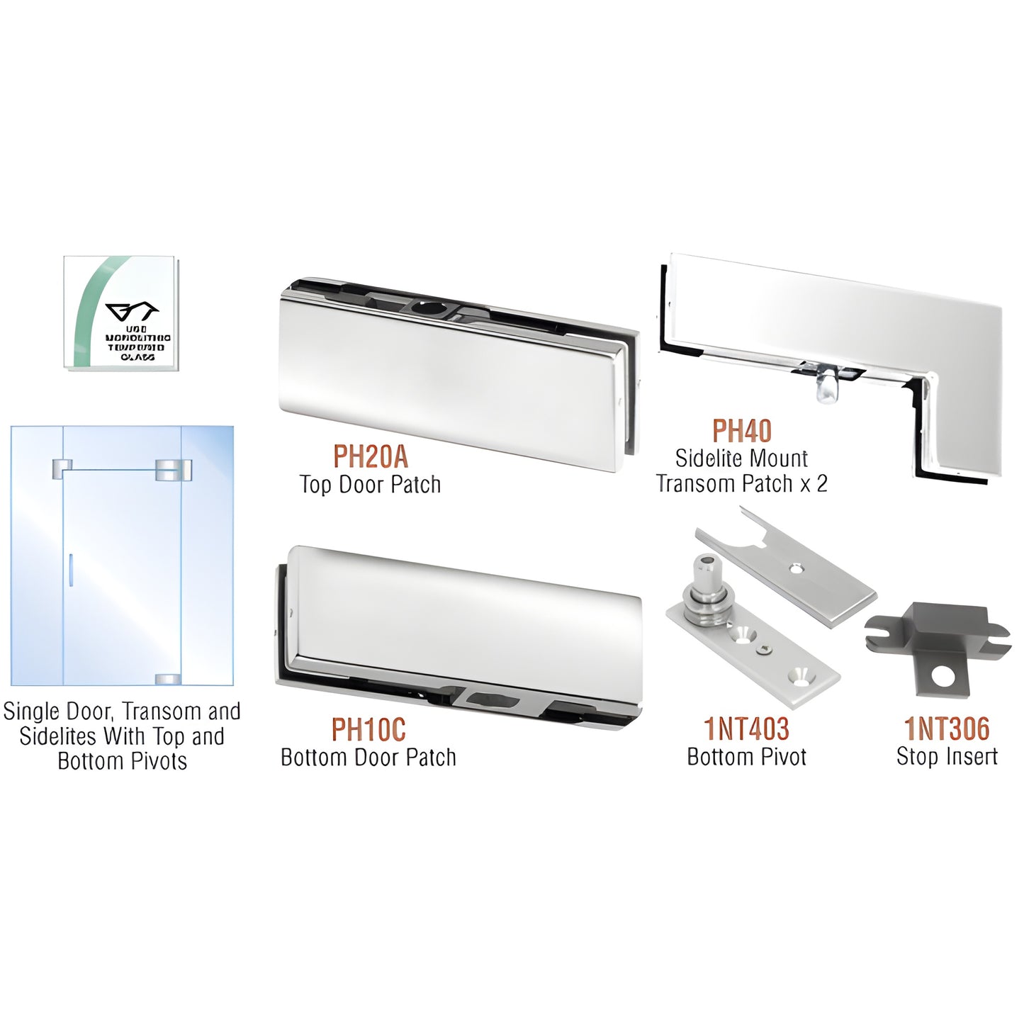 PHA5PS pivot glass door kit, polished stainless steel top & bottom patches, sidelite/transom patches, bottom pivot and stop i