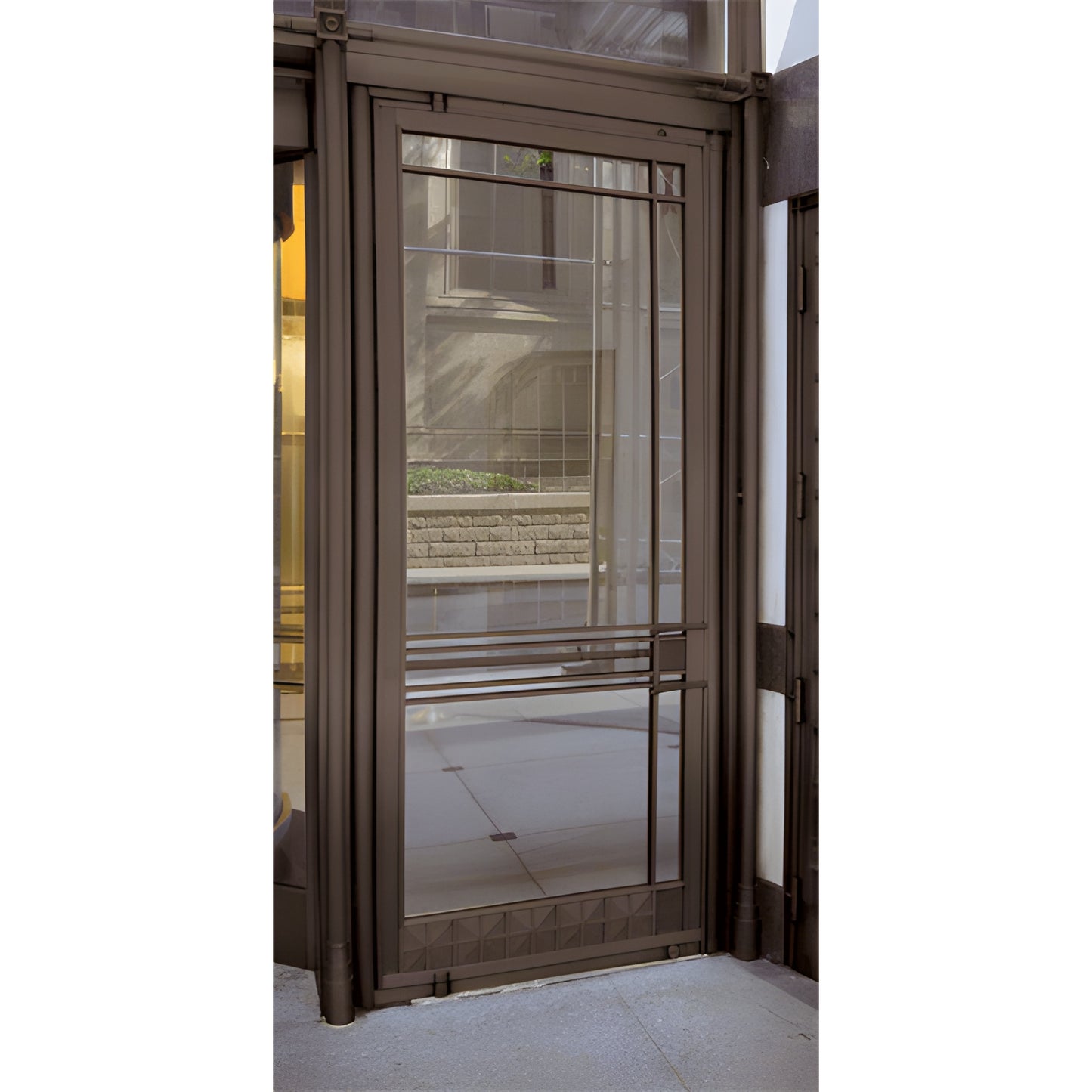 Dark bronze stainless steel commercial glass door with decorative horizontal rails and lower geometric panel BP8569C4L25DU