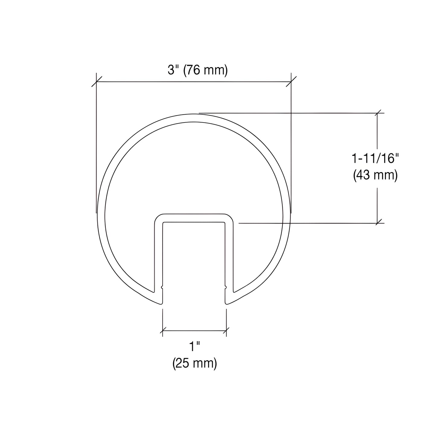 GR307SA satin anodized 3 in aluminum extruded cap rail for 1/2-3/4 in glass, rounded U-profile