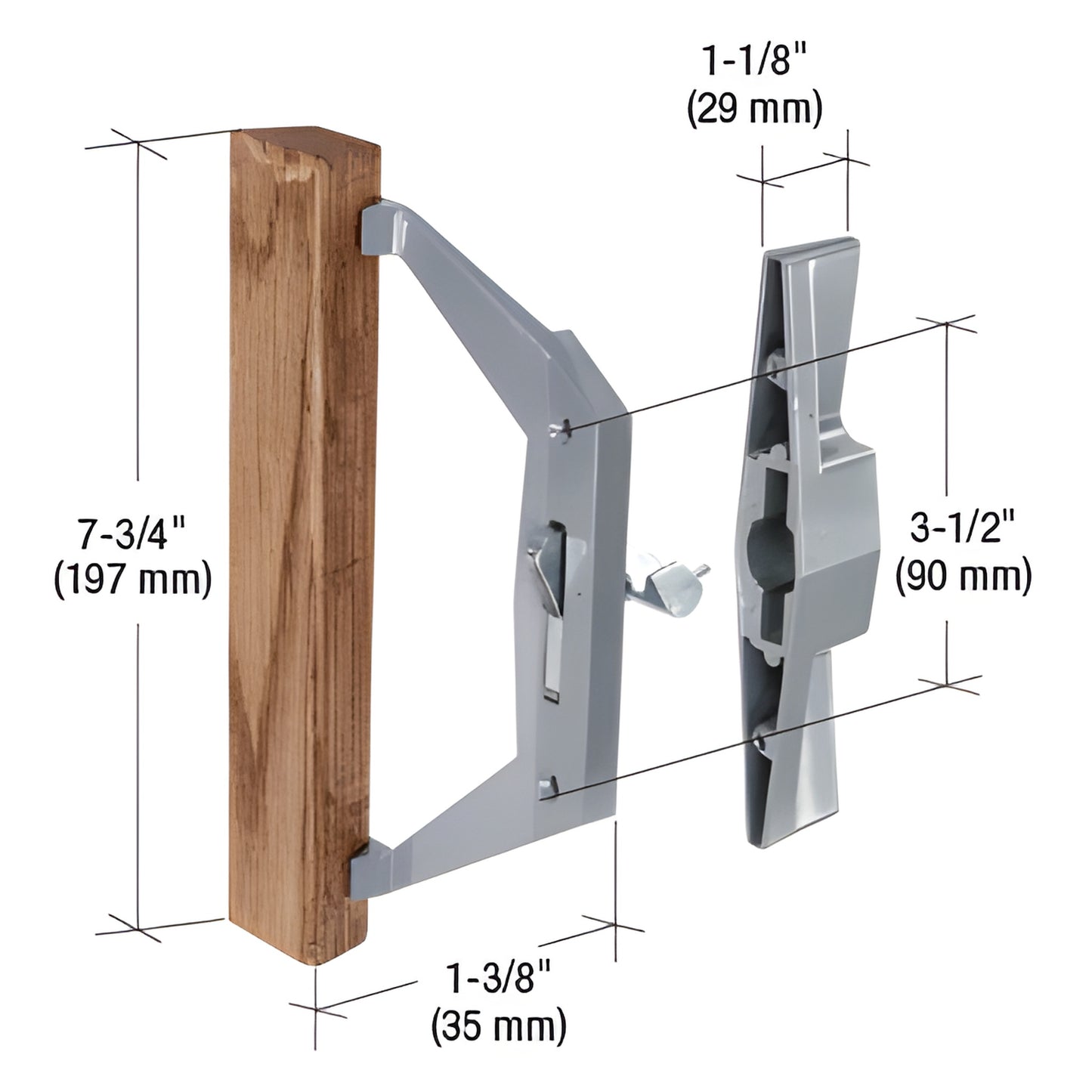 CRL C1025 gray aluminum exterior pull with 7-3/4" wood interior handle, surface-mount glass door handle set, dimensions shown