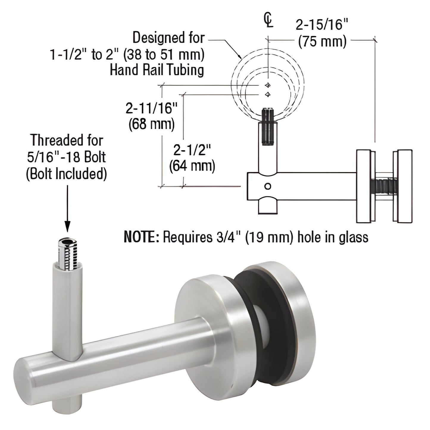 HR2FGMA mill aluminum glass-mounted handrail bracket, 2-way adjustable, fits 1.5-2" tubing, requires 3/4" (19mm) glass hole.