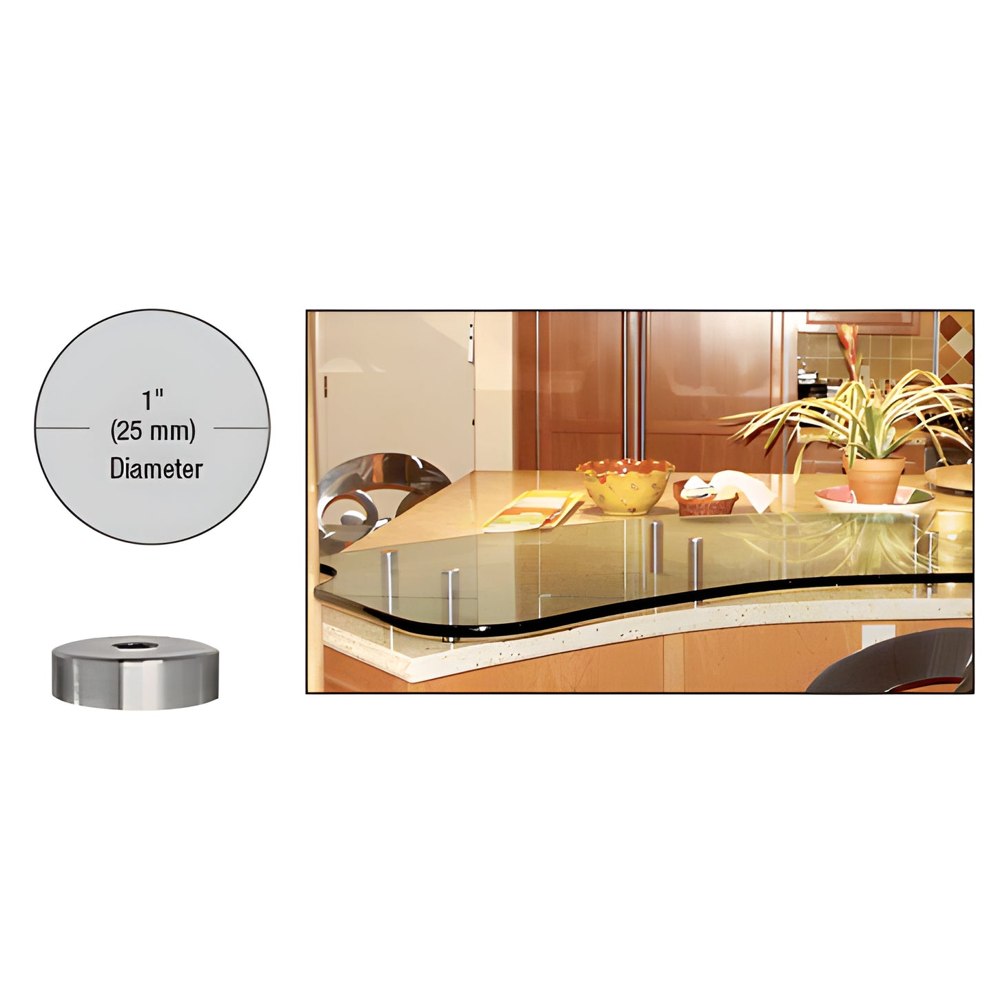 1" brushed 316 stainless standoff (1" dia, 1/4-20 thread) mounted on glass display - SKU S0B1014BS