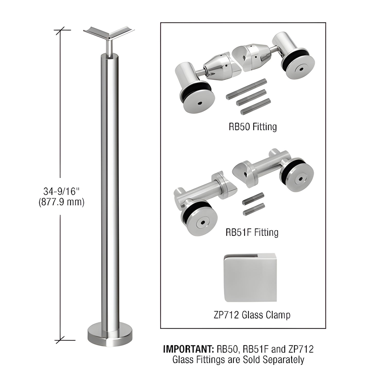 P7F36LPS stainless steel surface-mounted post railing kit, polished finish, 34 9/16" (878 mm) tall, base plate included