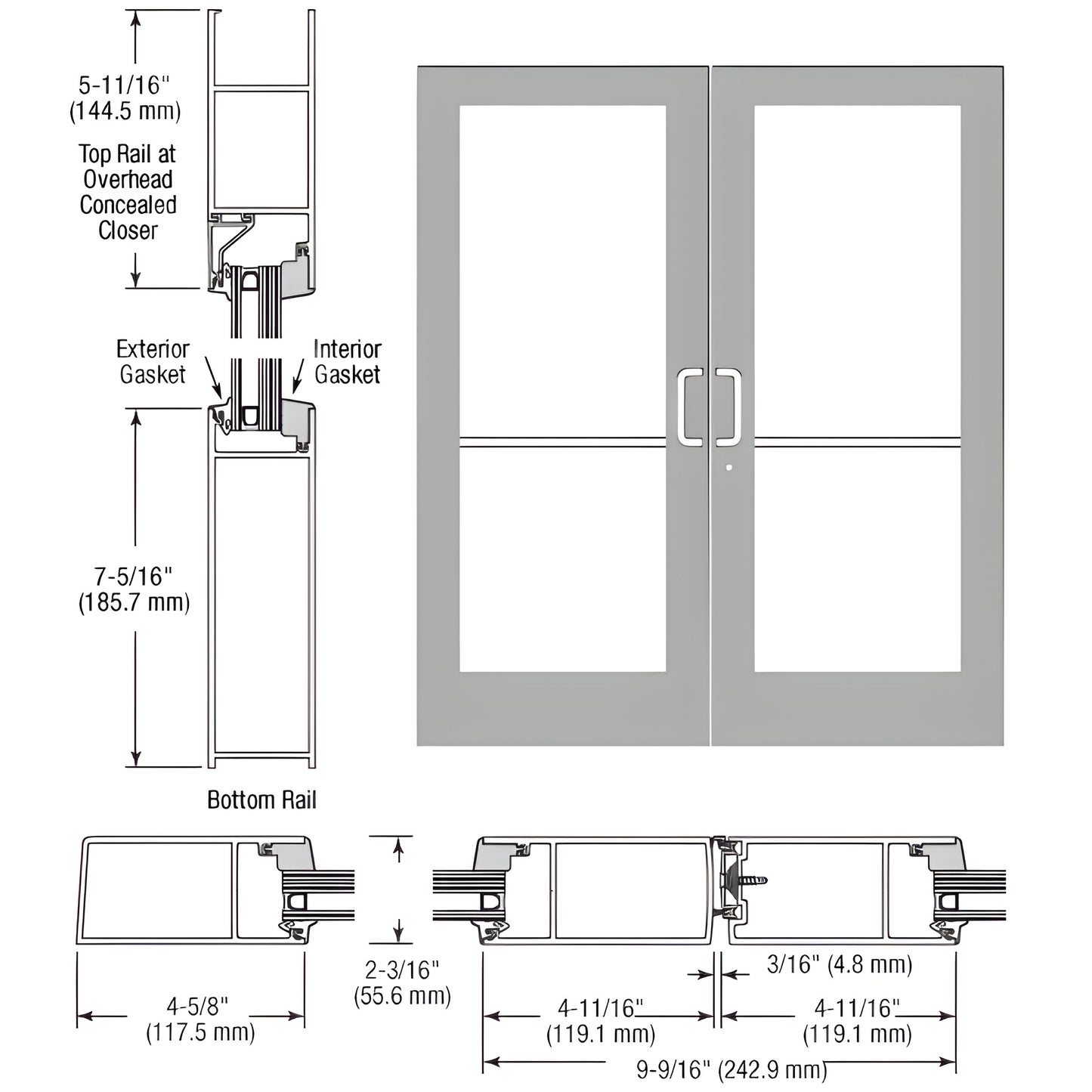 CRL SF62911 clear anodized medium-stile impact entrance pair, double glass doors with push/pull, FPA approved.