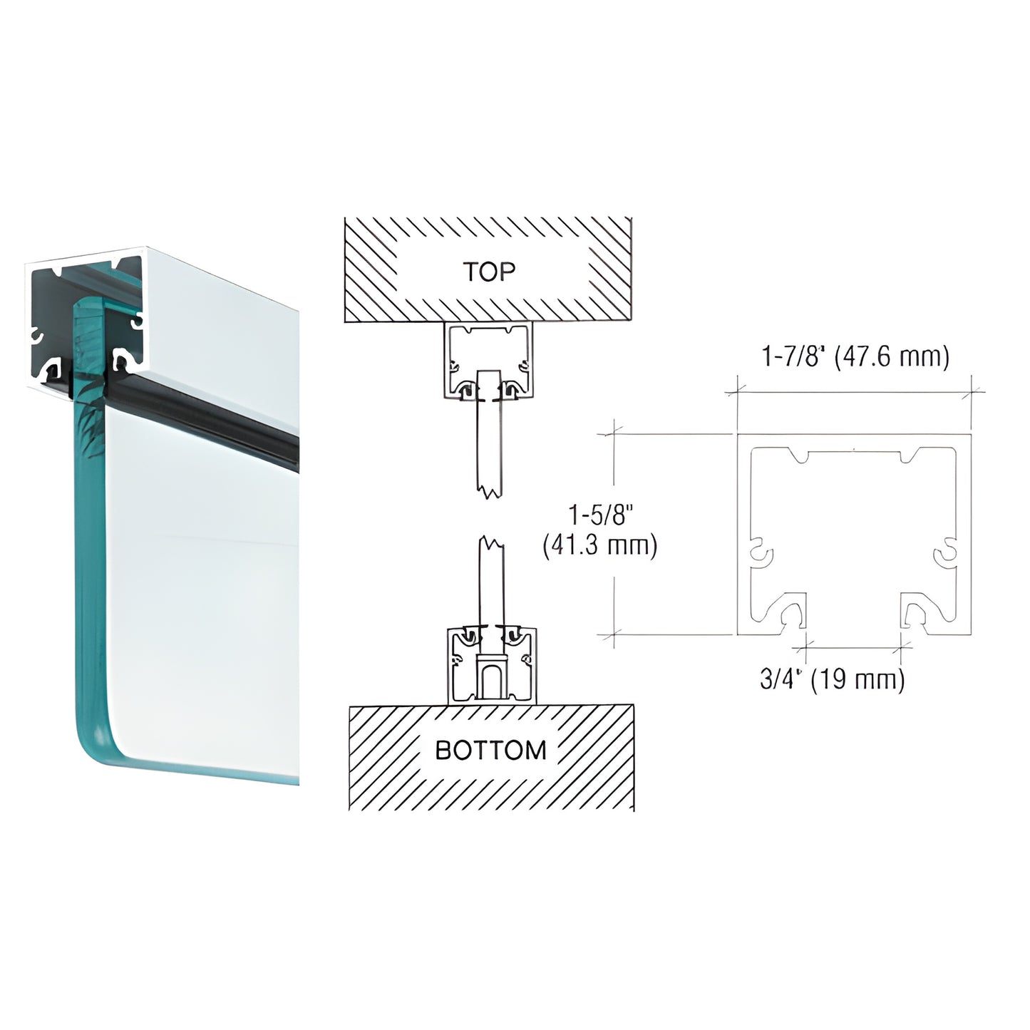 NH2SACL satin anodized narrow header/U-channel for 1/2" (12 mm) glass, 1-5/8" H 1-7/8" W, profile and install diagram