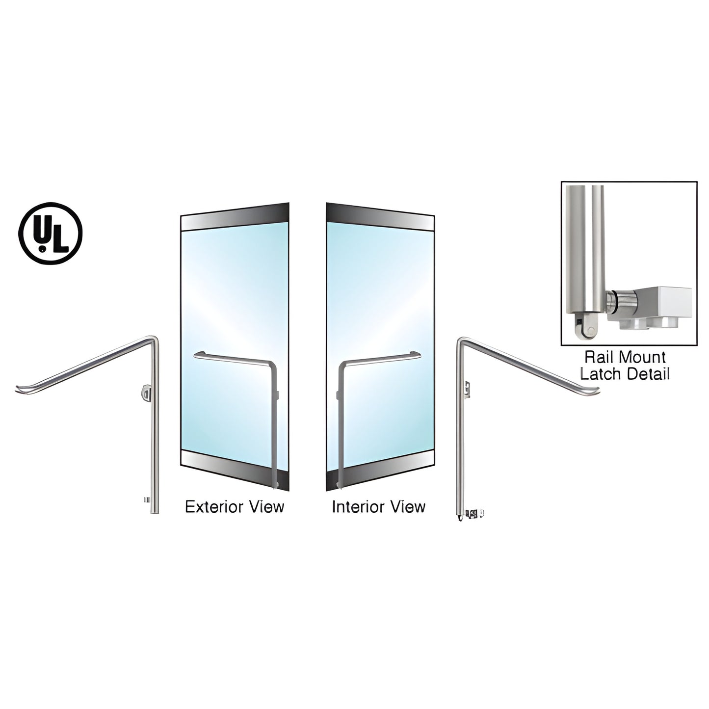 CRL-Blumcraft glass door panic handle, brushed stainless rail-mount, 1-1/4" dia for 3/4" tempered glass. SKU 3P110C4RKBS