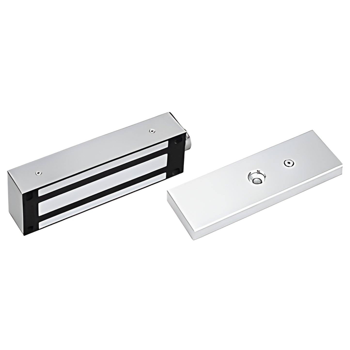 ML1200U weatherproof stainless-steel electromagnetic door lock with armature plate, chrome finish, 1200 lb holding force.