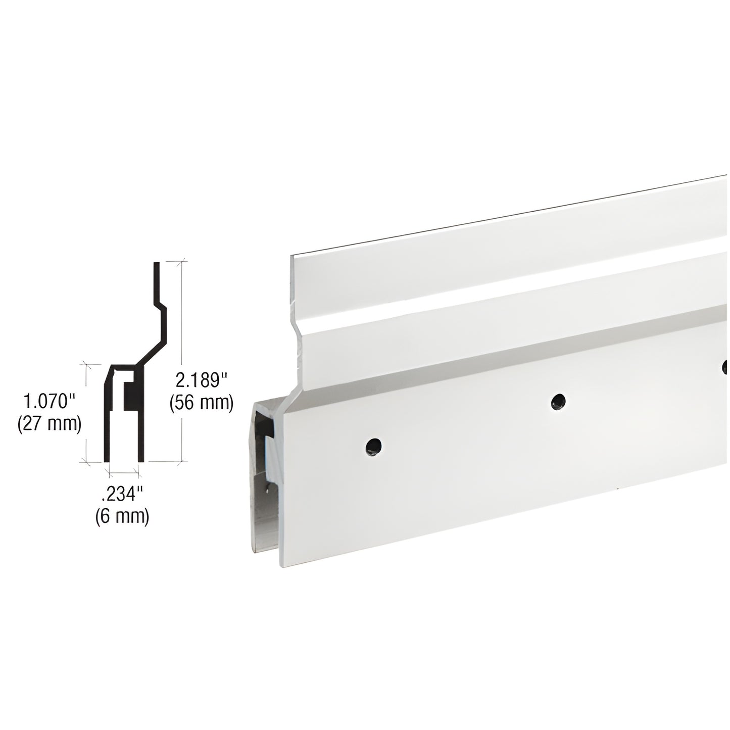 Satin-anodized aluminum Masteroll 72 in header with roller slots, screw holes and cross-section profile drawing.