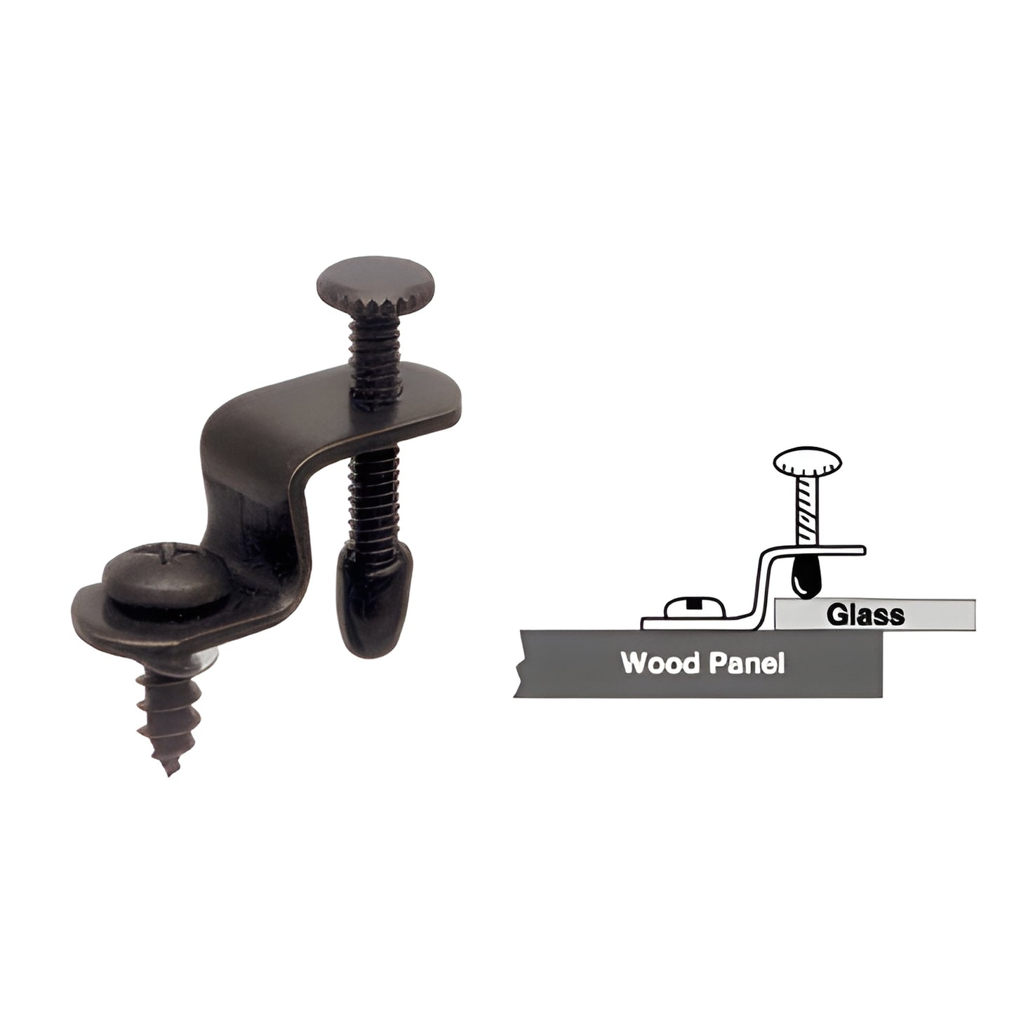 Black adjustable glass retainer clip for wood frame doors with thumbscrew and protective tip (SKU GRC8351)