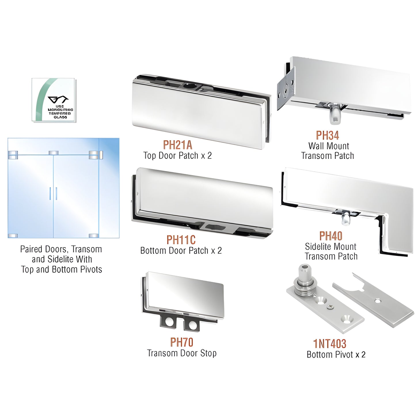 CRL PHE7PS polished stainless steel European double-pivot glass door kit for 3/8-1/2 in glass, top/bottom patches, transom an