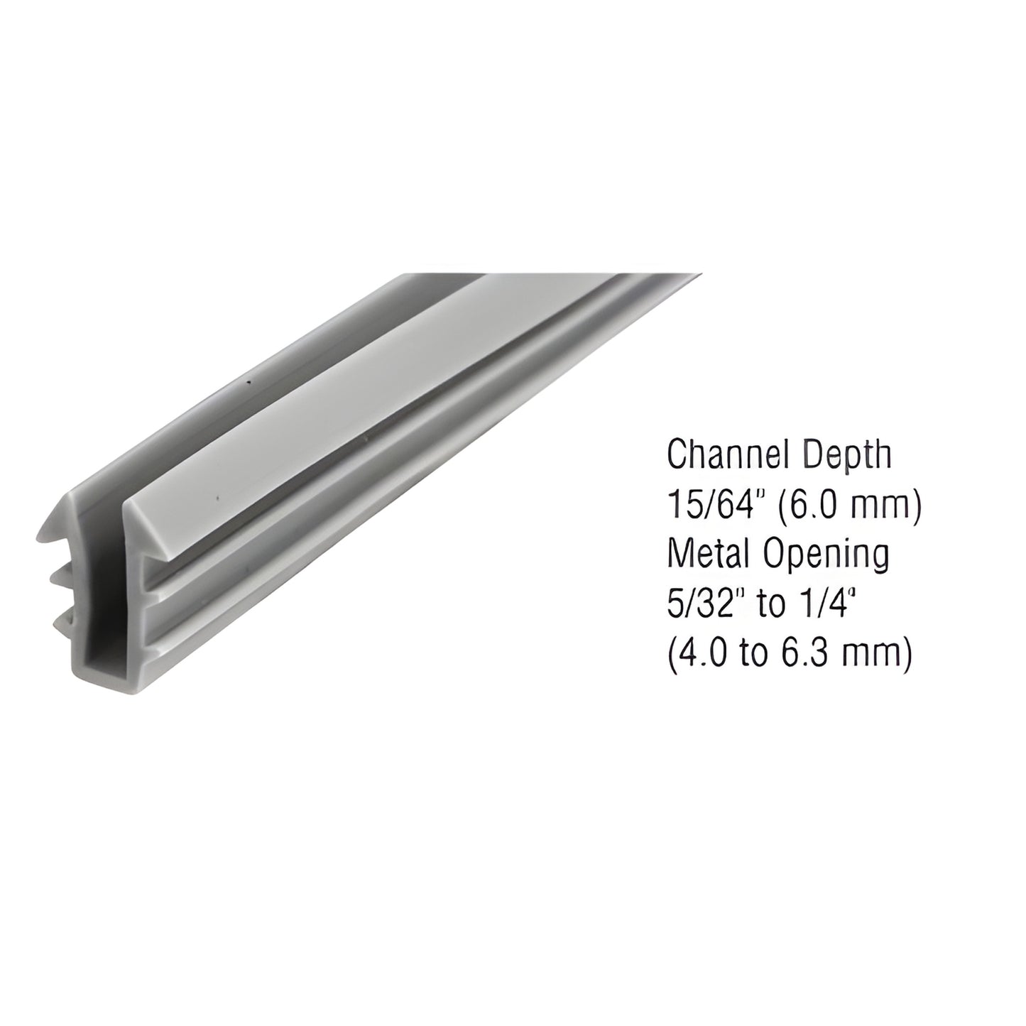 GC460M gray extruded glazing vinyl strip for single-strength glass, 15/64" channel, fits 5/32"-1/4" metal openings.
