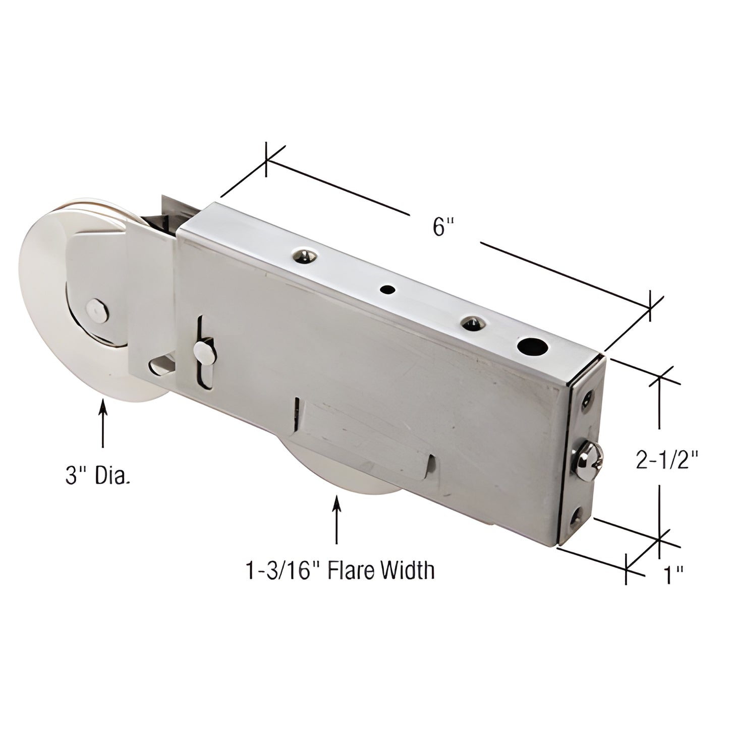 Heavy-duty stainless steel roller housing with tandem 3" ball-bearing wheels for sliding glass doors, SKU B0H1003