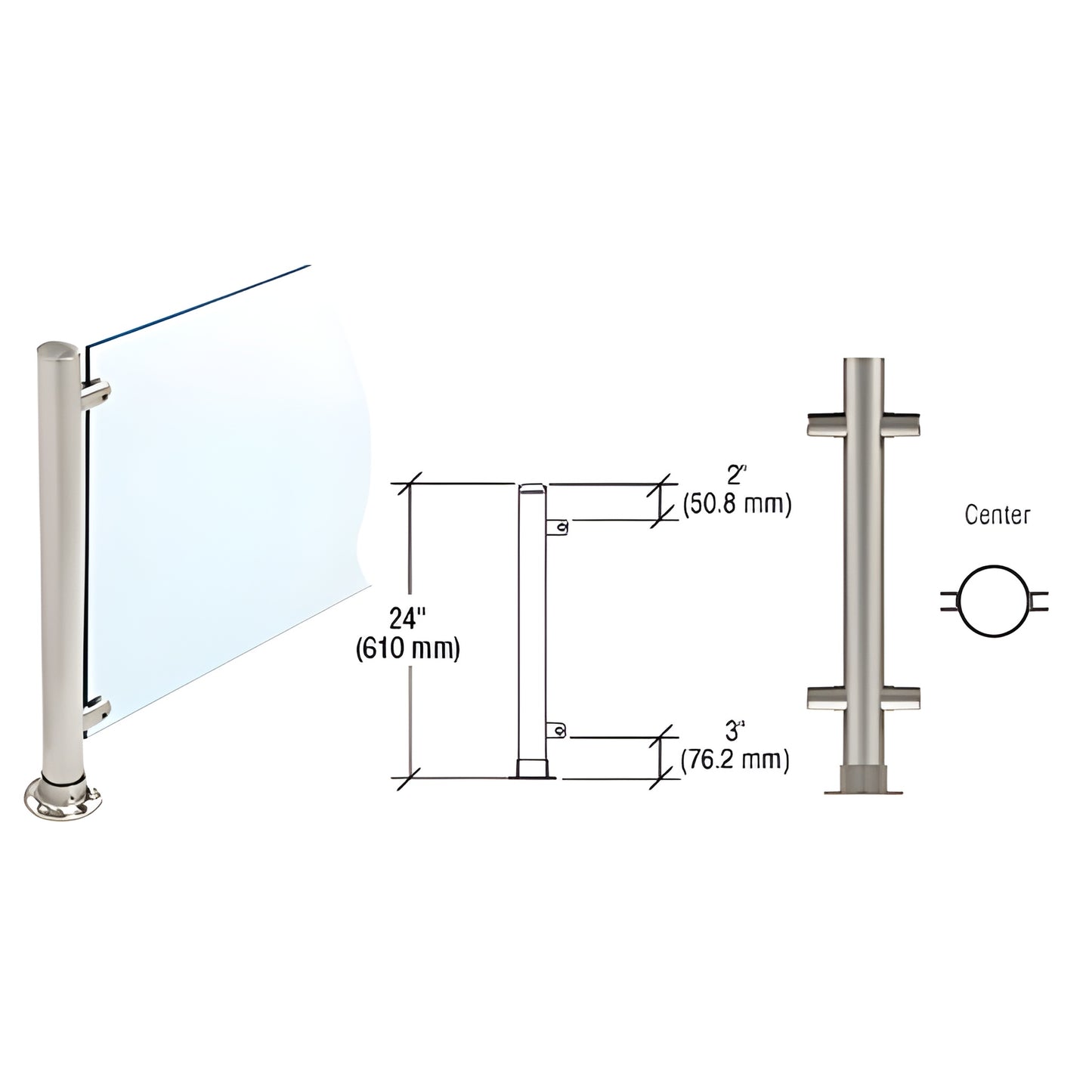 PP58CBS 24 in Slimline brushed stainless center post for glass, fits 1/4 or 3/8 in (6/10 mm) panels