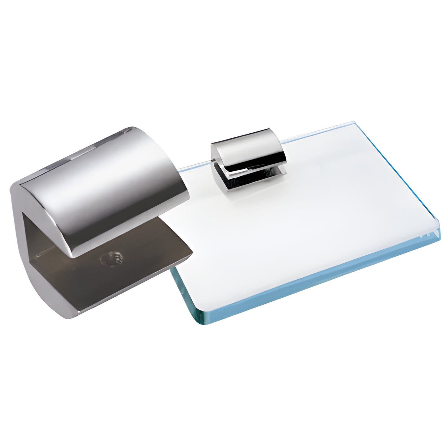 Polished chrome brass no-drill shelf clamp SKU 1230CHR securing 3/8 in (10 mm) tempered glass shelf