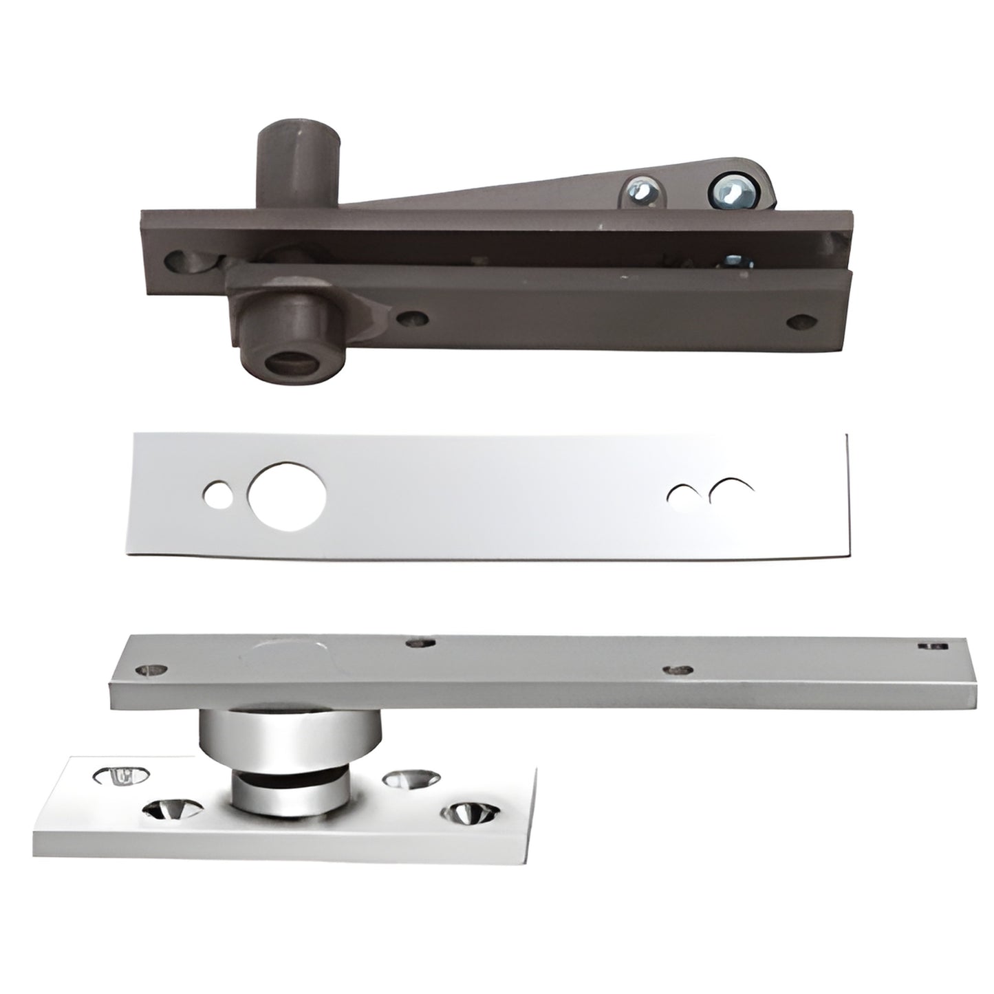 Rixson 370PC polished chrome center-hung door pivot set with top and bottom pivots and cover plate.