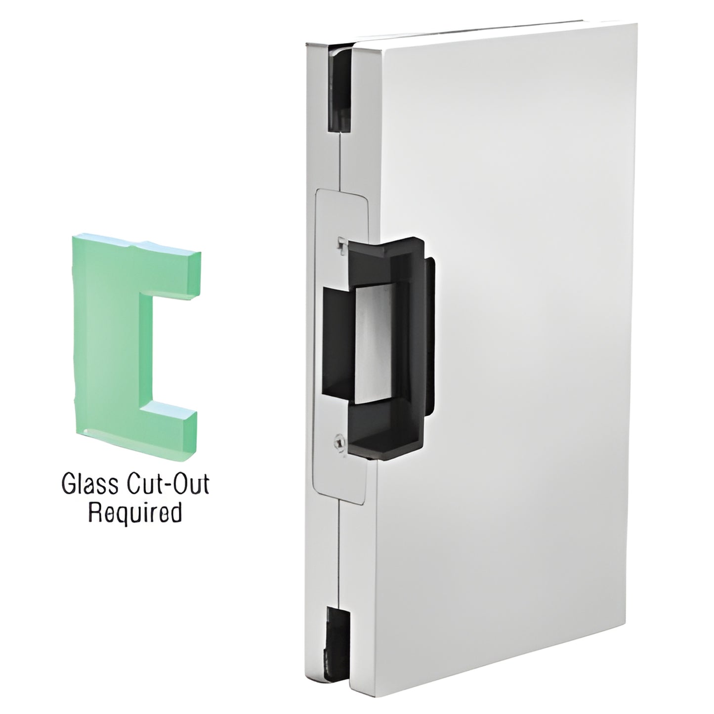DLER610SC satin-anodized center glass keeper with 24V deadlatch strike; glass cut-out required