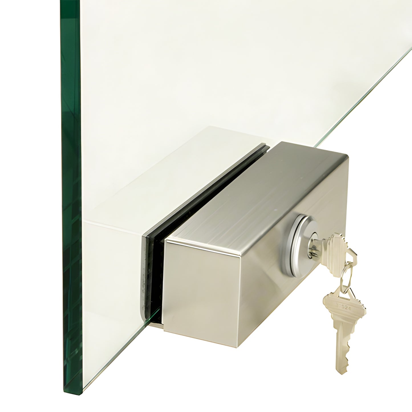 Brushed stainless slip-on lock for 1/2 (12mm) tempered glass sliding door, cylinder lock shown with keys.