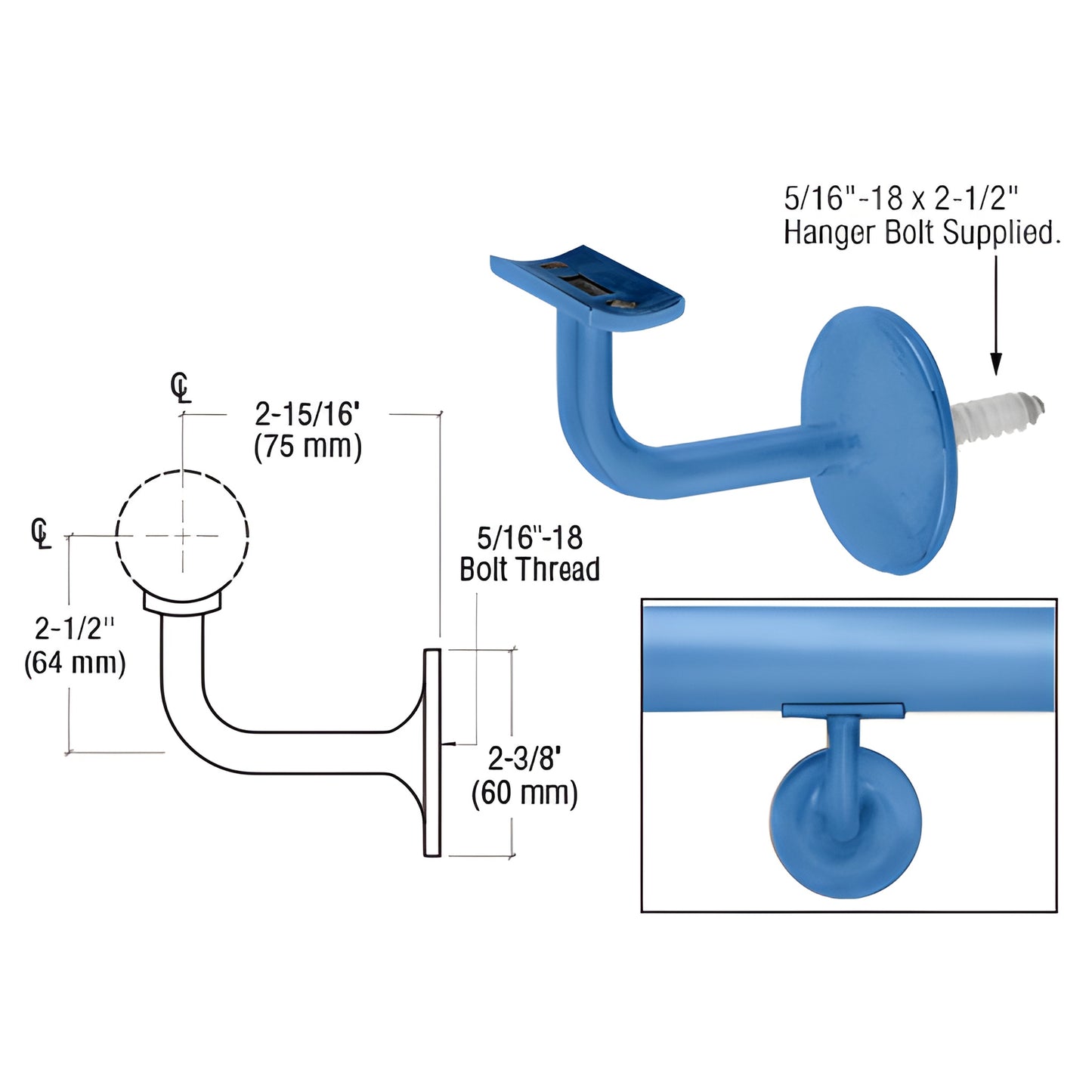 CRL Pismo wall-mounted aluminum handrail bracket HR15B4PT, powder-coated, fits 1-1/2" or 2" tubing, 2-15/16" projection