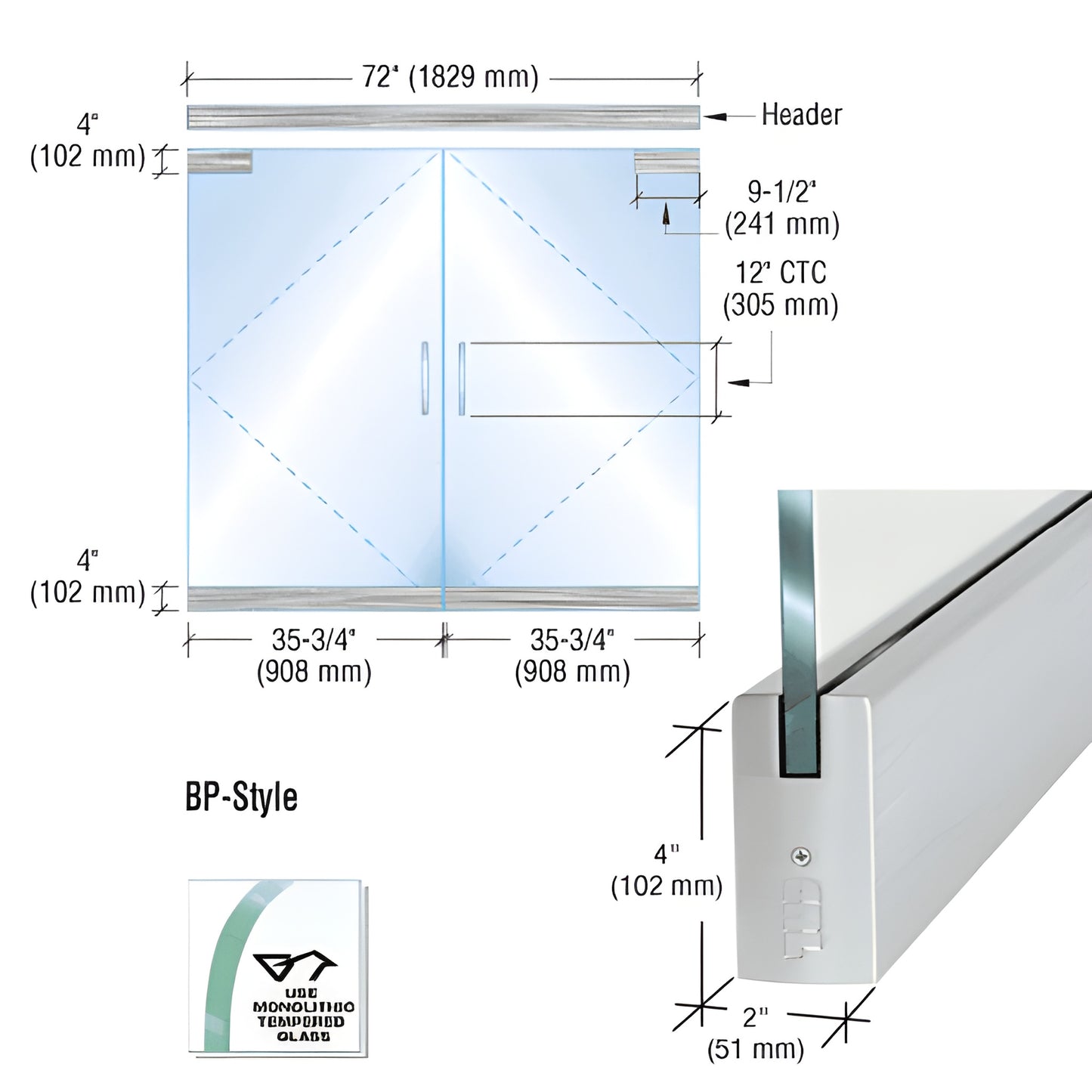 BP-style brushed stainless frameless glass double door kit with dry-glaze rails for 1/2" (12mm) tempered glass