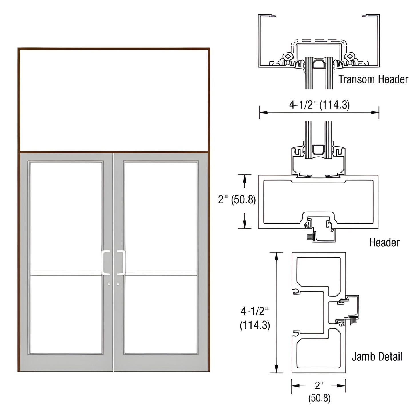 FD62822 black bronze anodized aluminum double-door frame with transom, 76" 126" overall, 72" 84" door opening