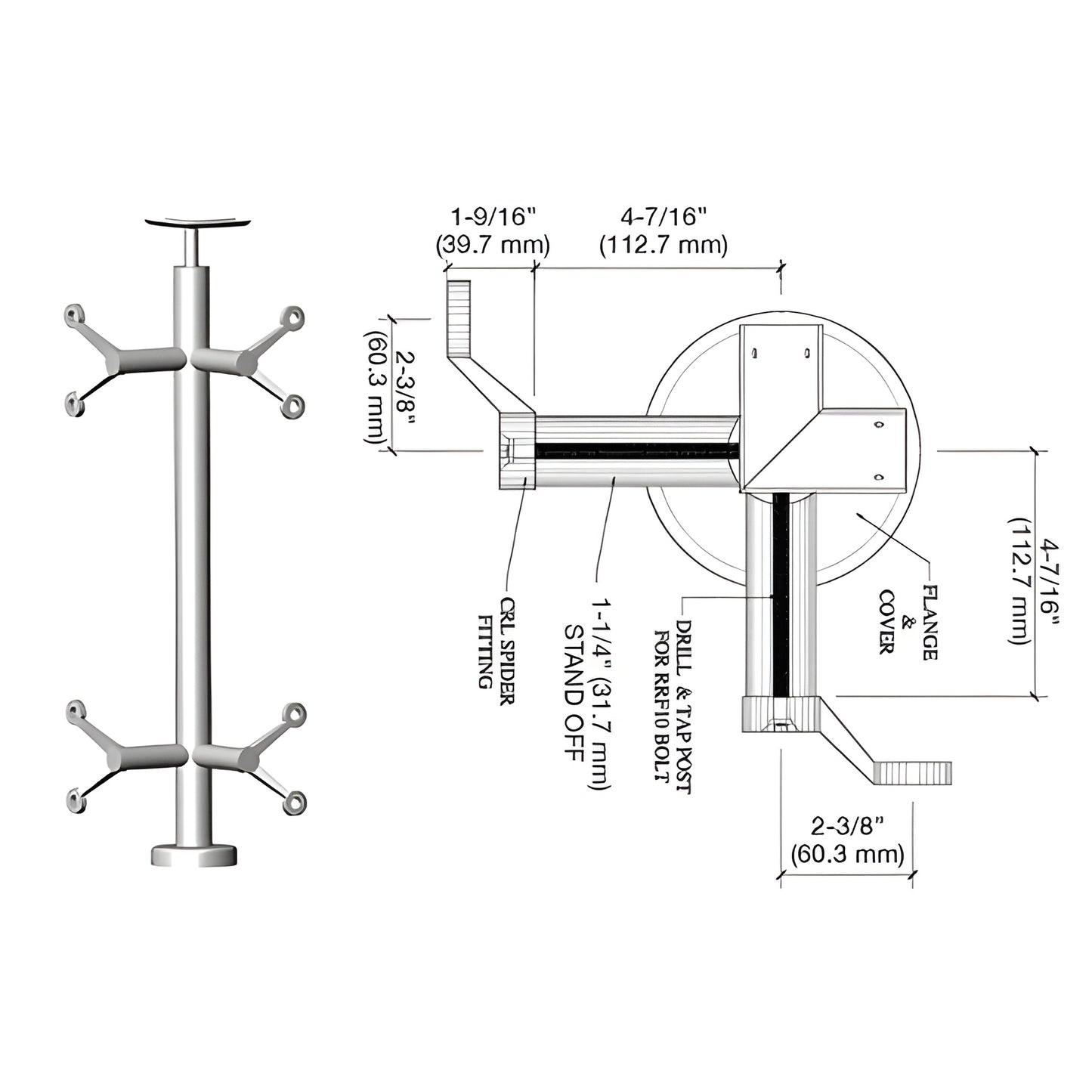 CRL P642LBS stainless steel spider post railing kit diagram with base plate, top saddle, glass spider fittings and dimensions