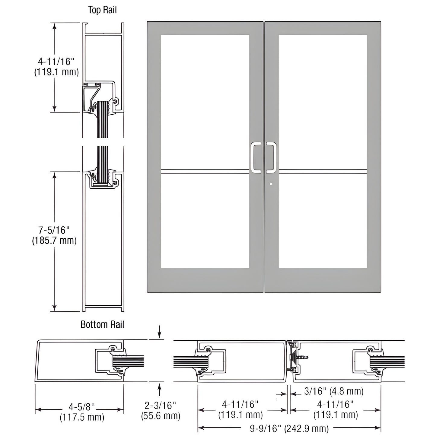 SF42811 clear-anodized impact-rated double storefront door, medium stile, hardware prepped, glazing not included