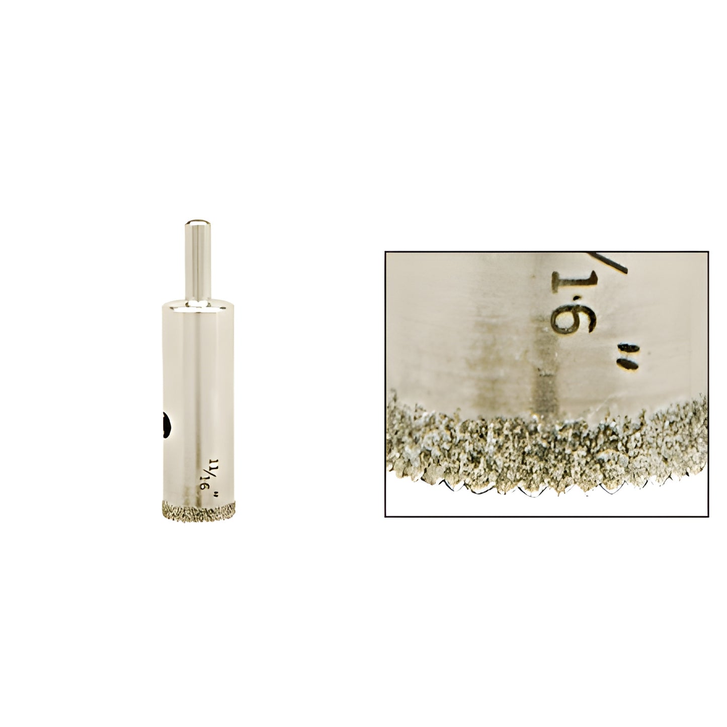 11/16" diamond-plated glass drill bit (SKU AG1116) with reduced round shank and aggressive sawtooth cutting edge.