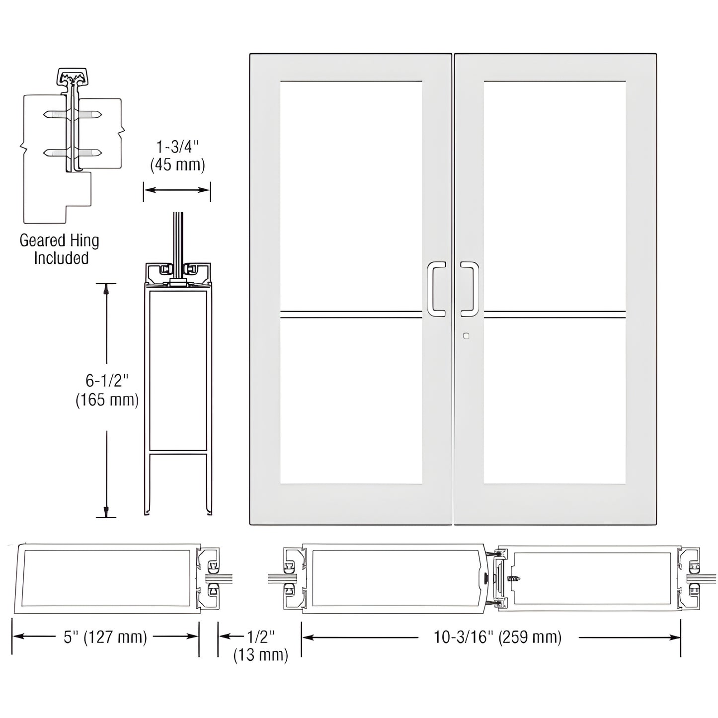 White Kynar custom wide-stile double entrance door with glass, 5" stiles, 6-1/2" bottom rail - SKU DC52852