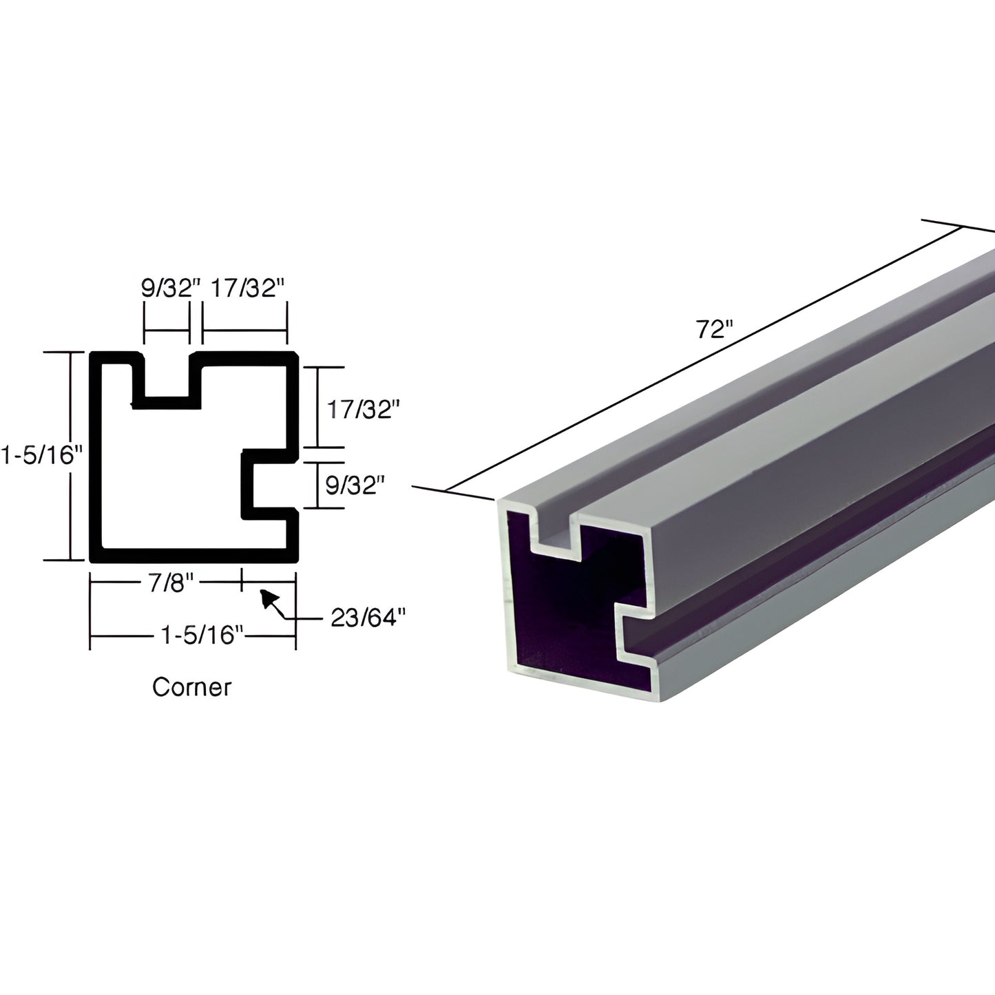 Satin anodized aluminum 90 corner partition post, 72" length, recessed pocket for 5.5-6mm glass (SKU 6421000)