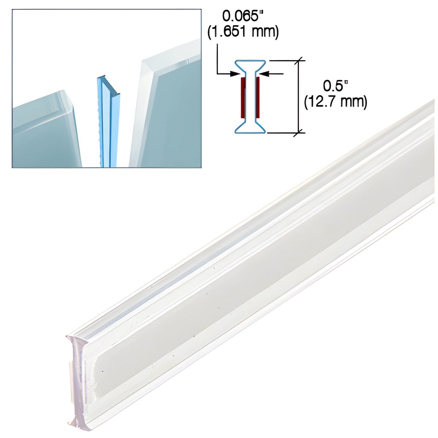 EZCC12 clear copolymer 120 in glass-to-glass joint strip, 1/2 in glazing, slim wrap-around profile with preapplied adhesive