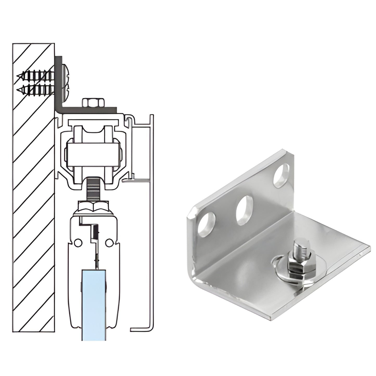 CRL3956 steel L-shaped top track small support bracket with fastener, shown next to a wall-mount installation diagram.