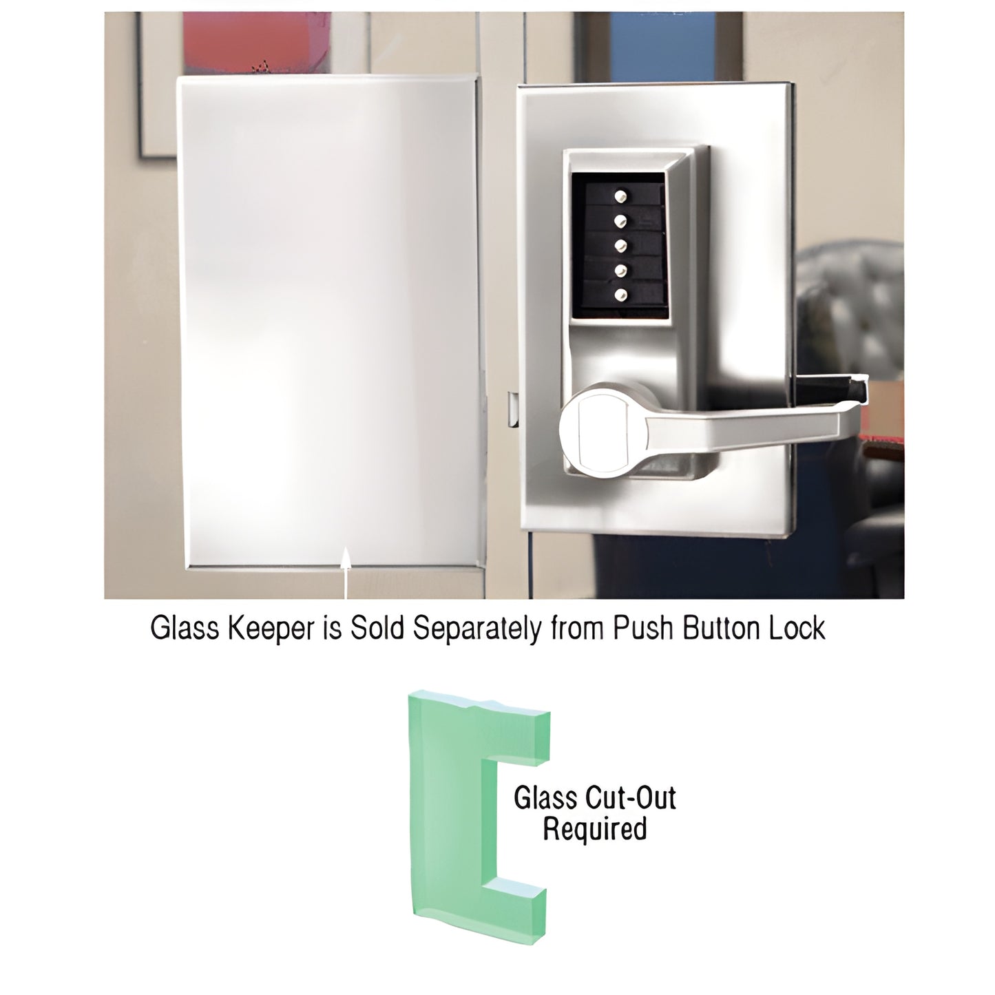 Polished stainless steel ADA push-button glass door lock DLK610RCPS, vertical 5-button keypad and right-hand lever, 6x10
