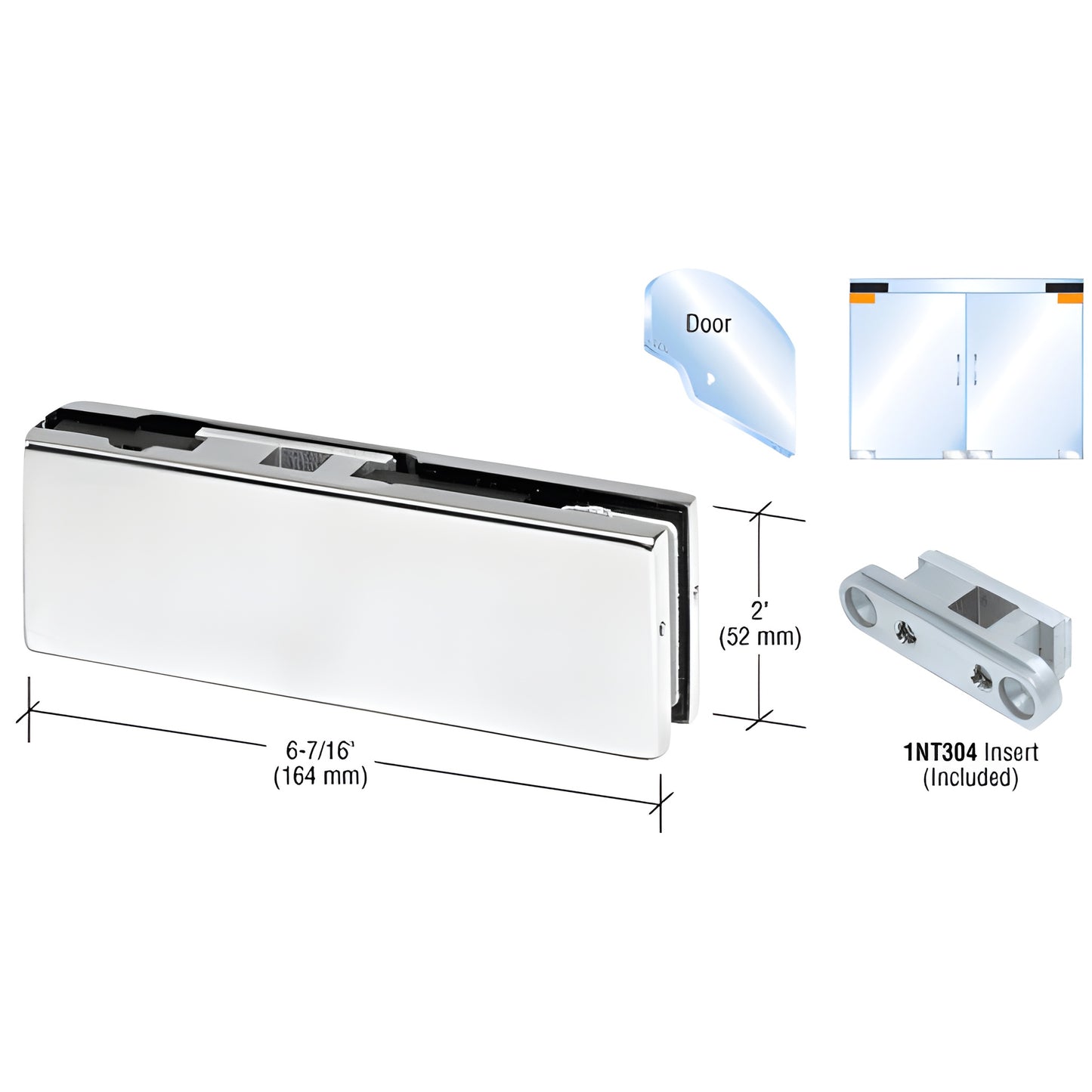PH20BA satin anodized top door patch fitting for 3/8-1/2 in glass, includes 1NT304 insert, 6-7/16 in x 2 in