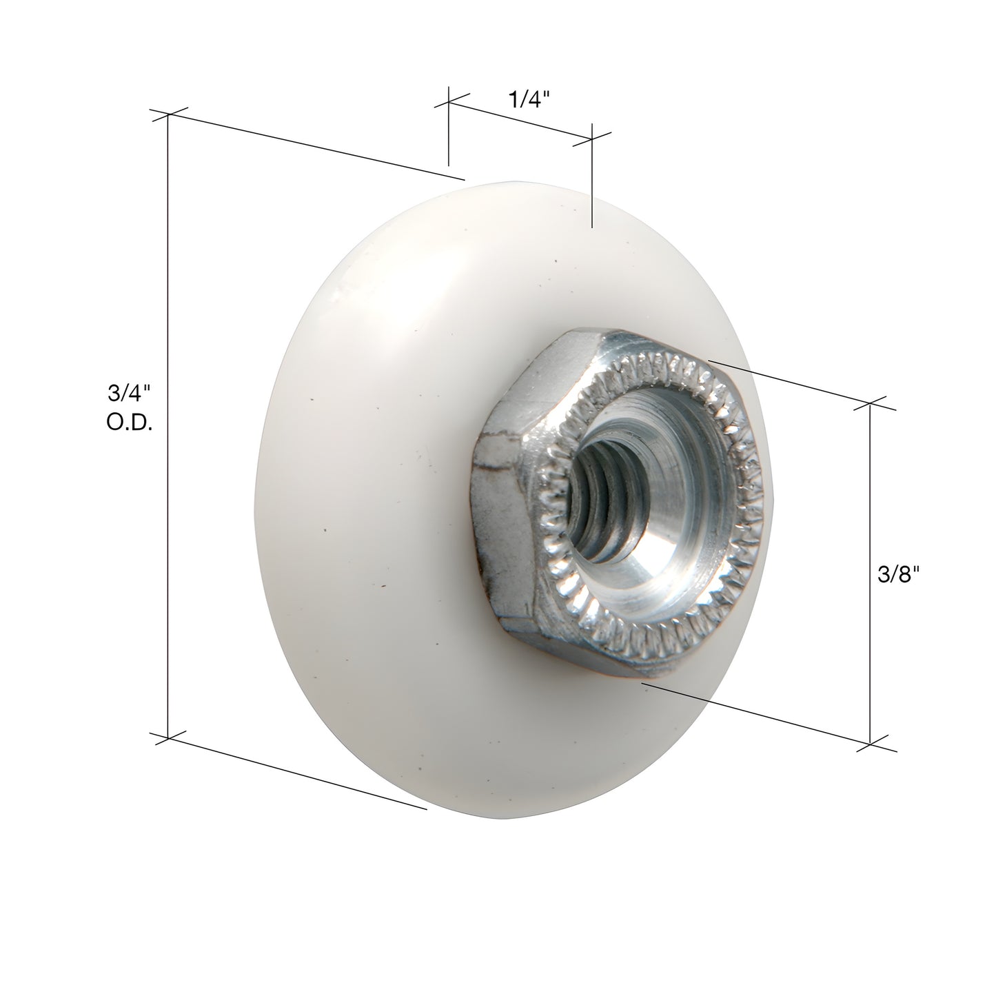 CRLM6000 white 3/4" oval-edged nylon shower door roller with hex nut hub and steel bearing.