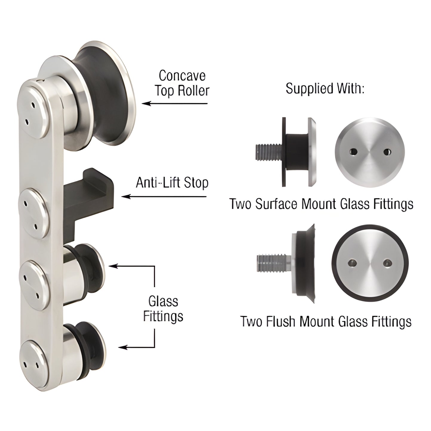 LS400BS adjustable anti-lift top roller assembly in brushed stainless with concave roller and surface/flush glass fittings.