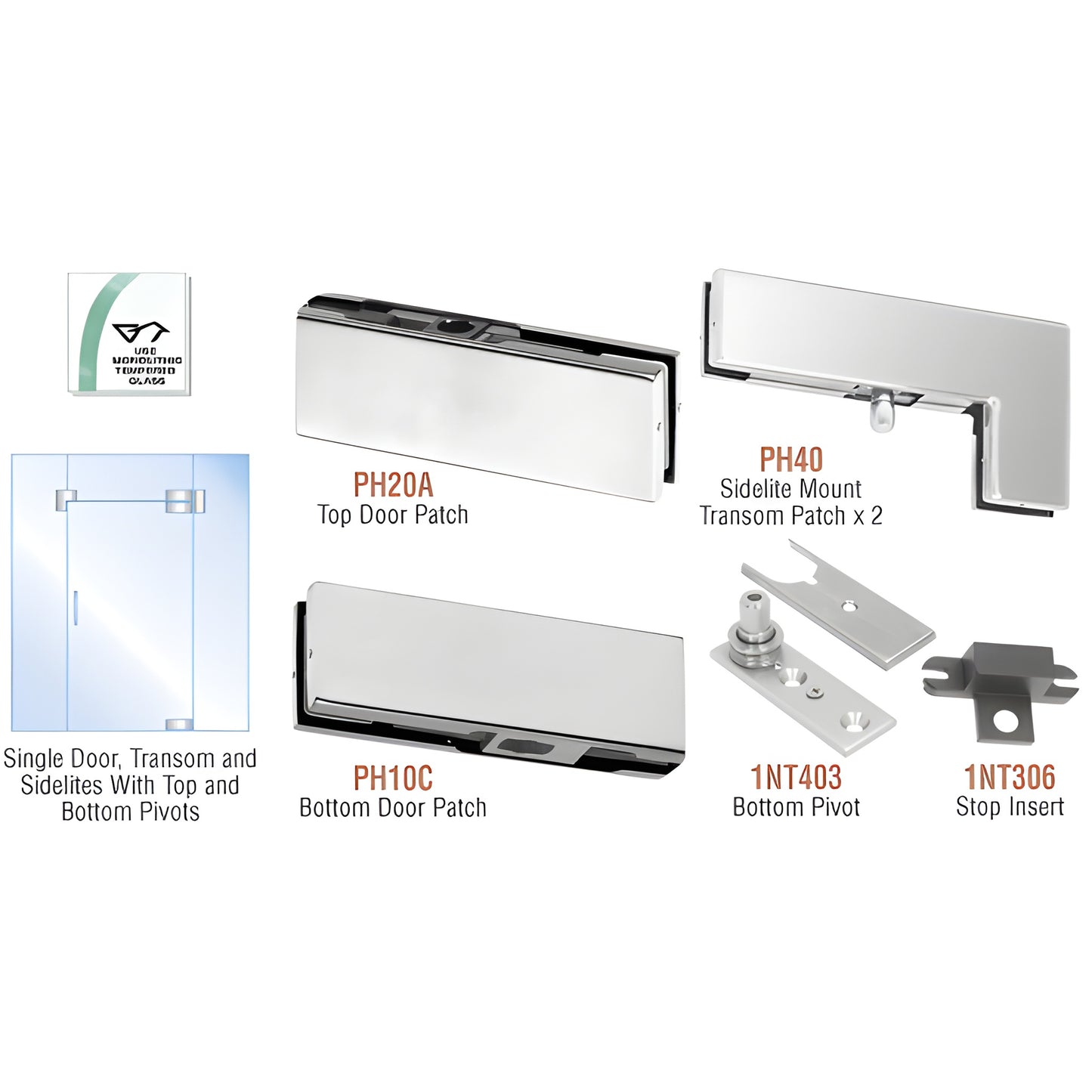 PHA5BS brushed stainless commercial glass door pivot kit with top/bottom patches and sidelite-transom patches.
