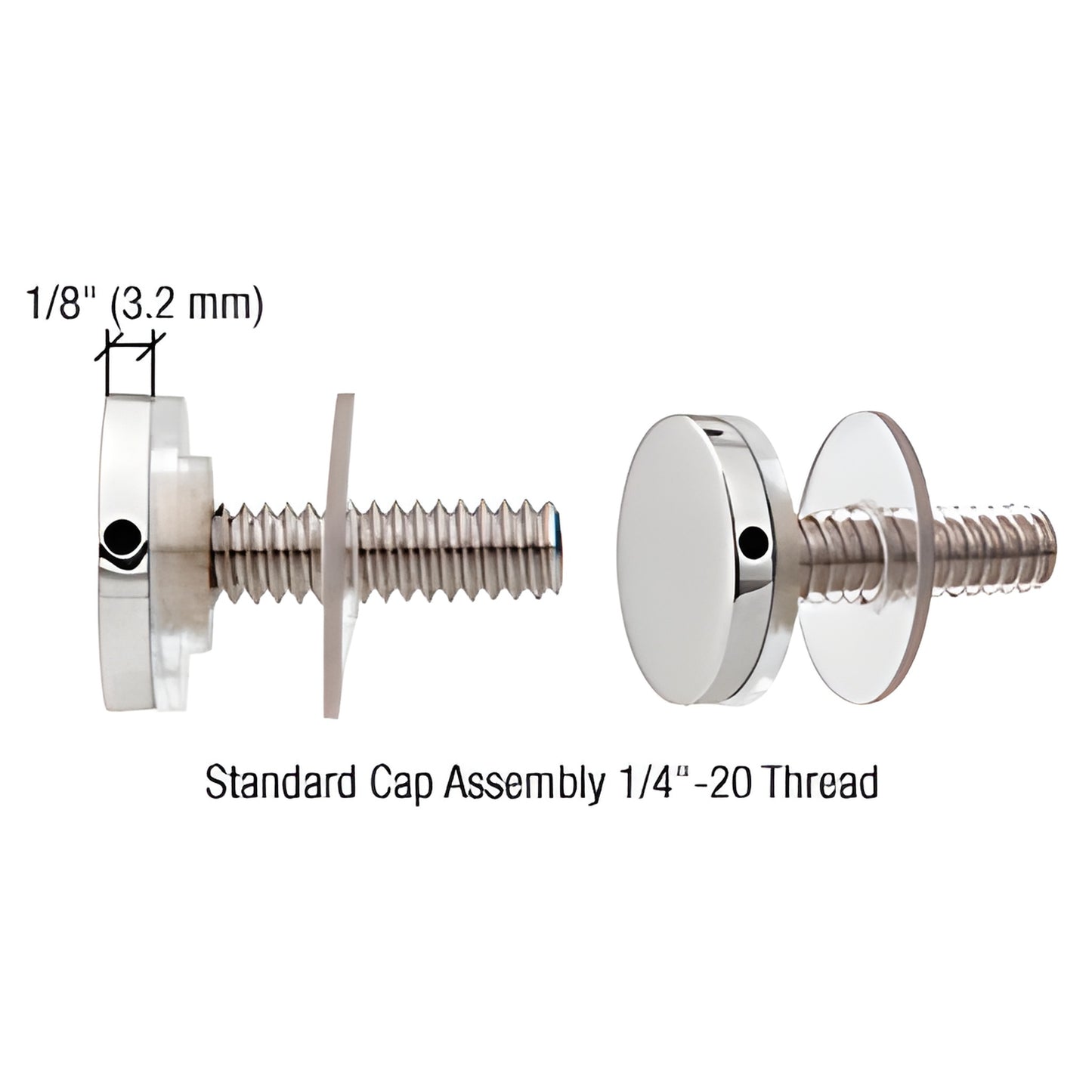 CAP34PS polished stainless steel 3/4" standoff cap assembly, 1/4-20 threaded stud with washers