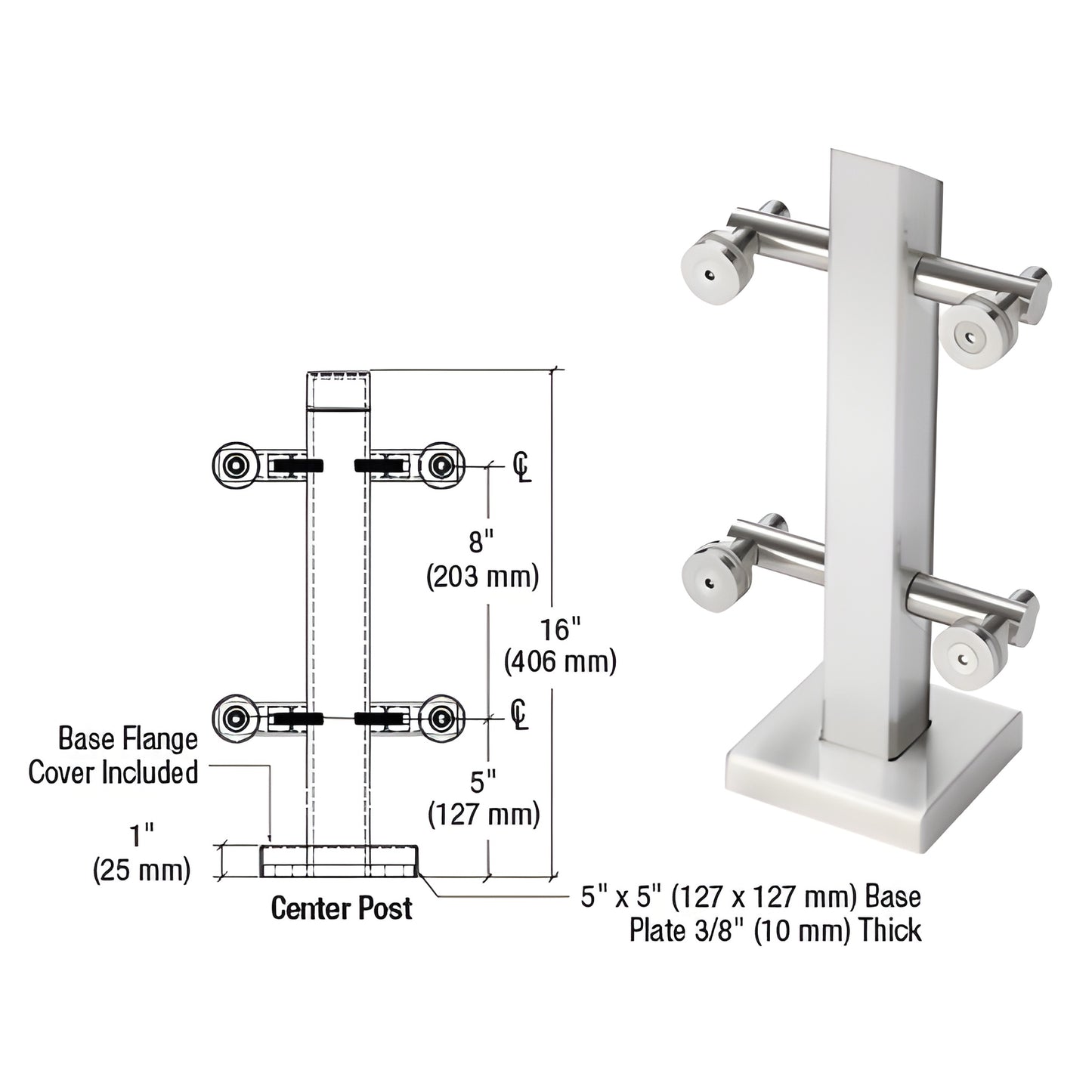 PWC1CPS polished 316 stainless center mini post for point-supported glass railings, 16" tall, 5" 5" base.