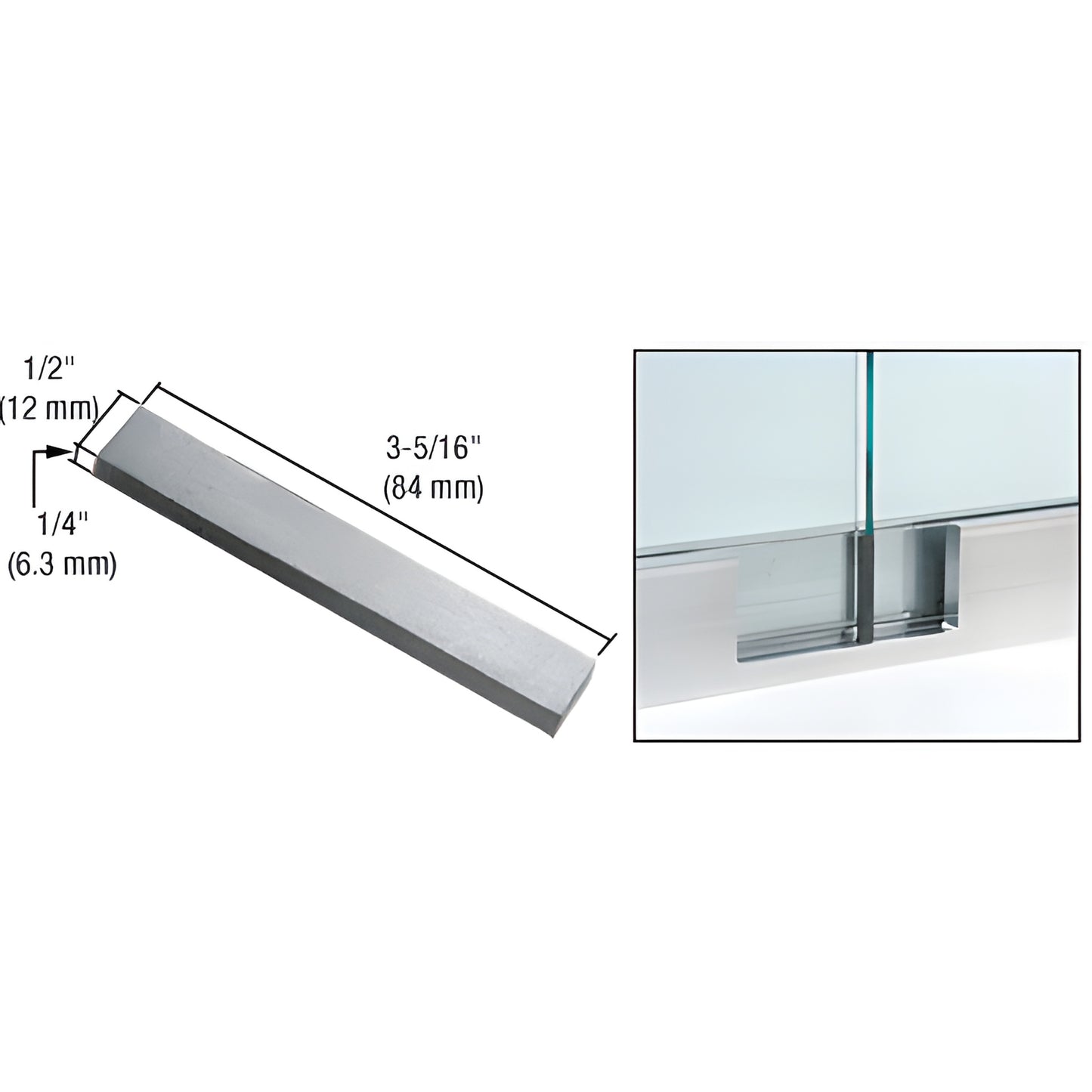 GR5ASB black adhesive rubber spacing block, 3-5/16" x 1/2" x 1/4", for spacing glass panels in base shoe systems.