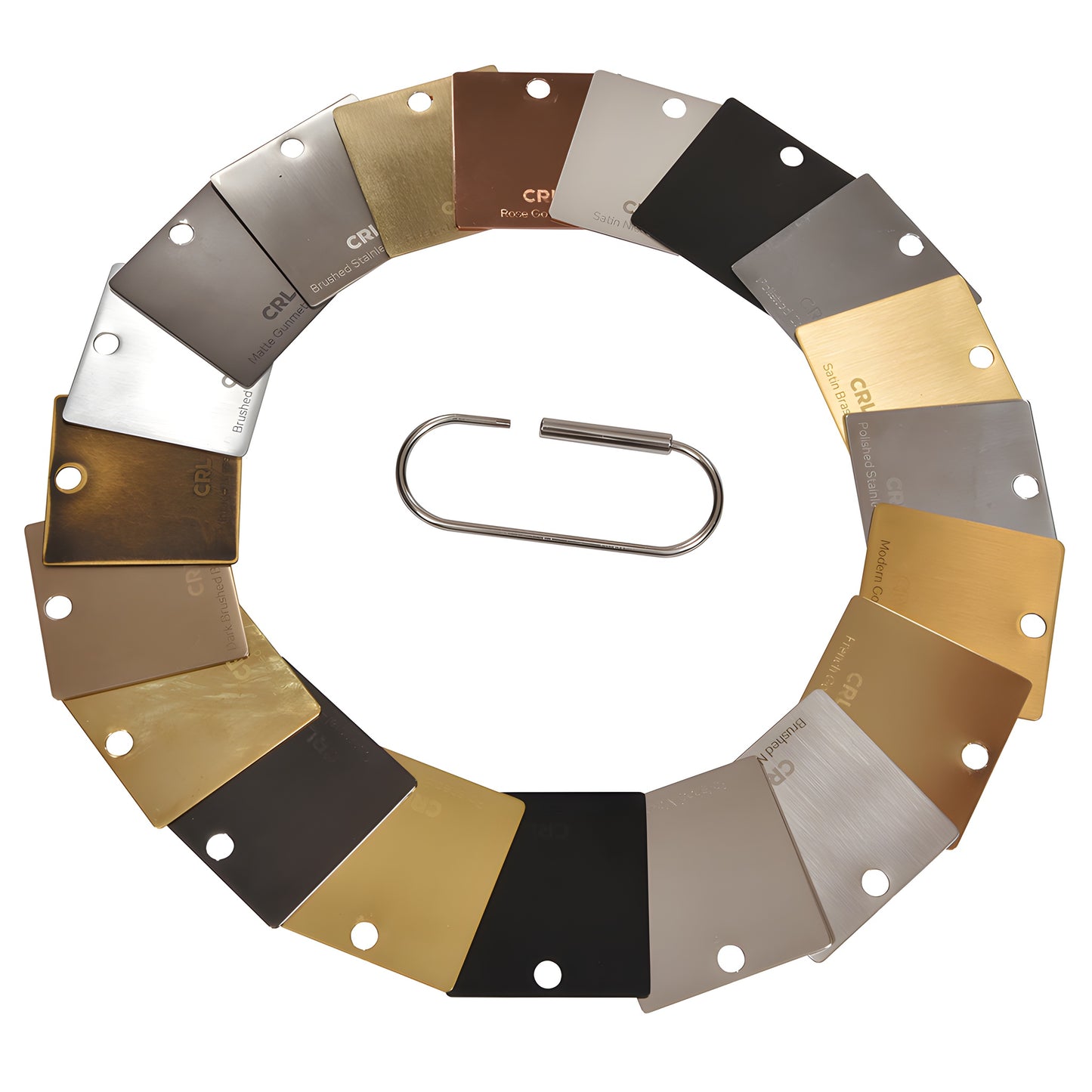 Multi-finish CRL shower hinge sample color ring on metal loop - assorted metal finishes. SKU SDRCK