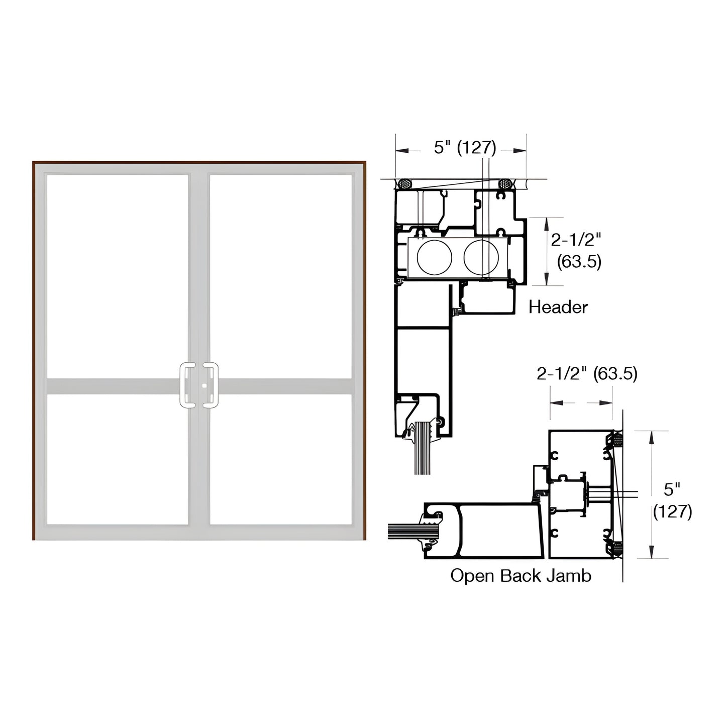 Custom double up/over hurricane impact door frame 2-1/2" x 5" Black Bronze Anodized, SKU 0P42422