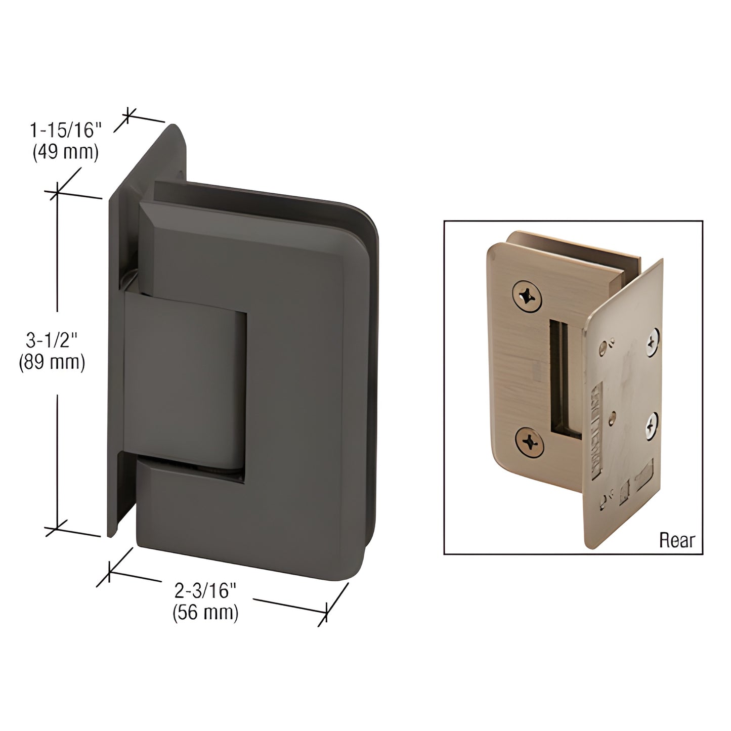 Pinnacle matte-black brass shower hinge P1N044MBL, beveled 3-1/2 2-3/16 in, for 8-12mm tempered glass, wall-mount.