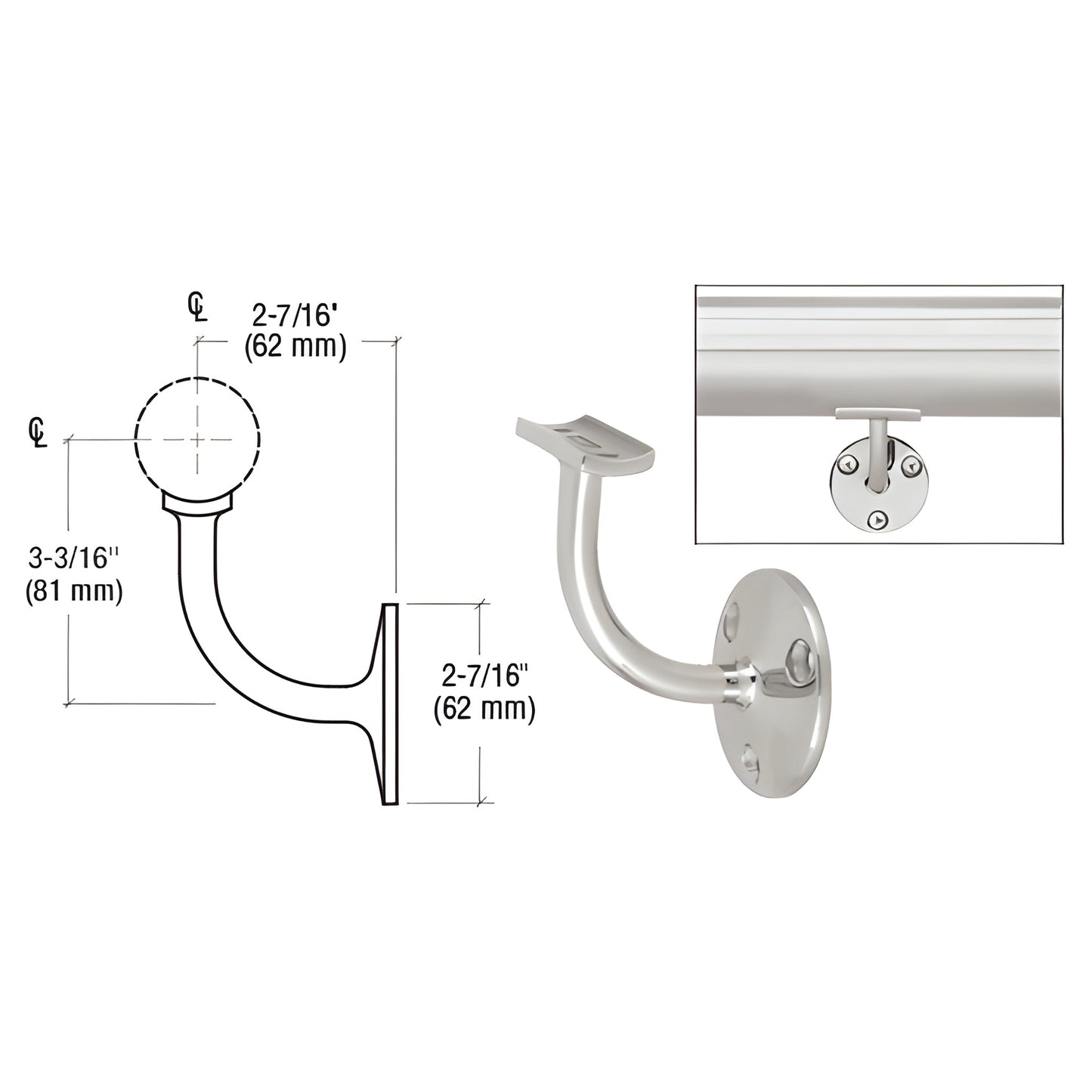 HR15TPS polished stainless steel wall-mounted short-arm handrail bracket, fits 1-1/2" & 2" tubing