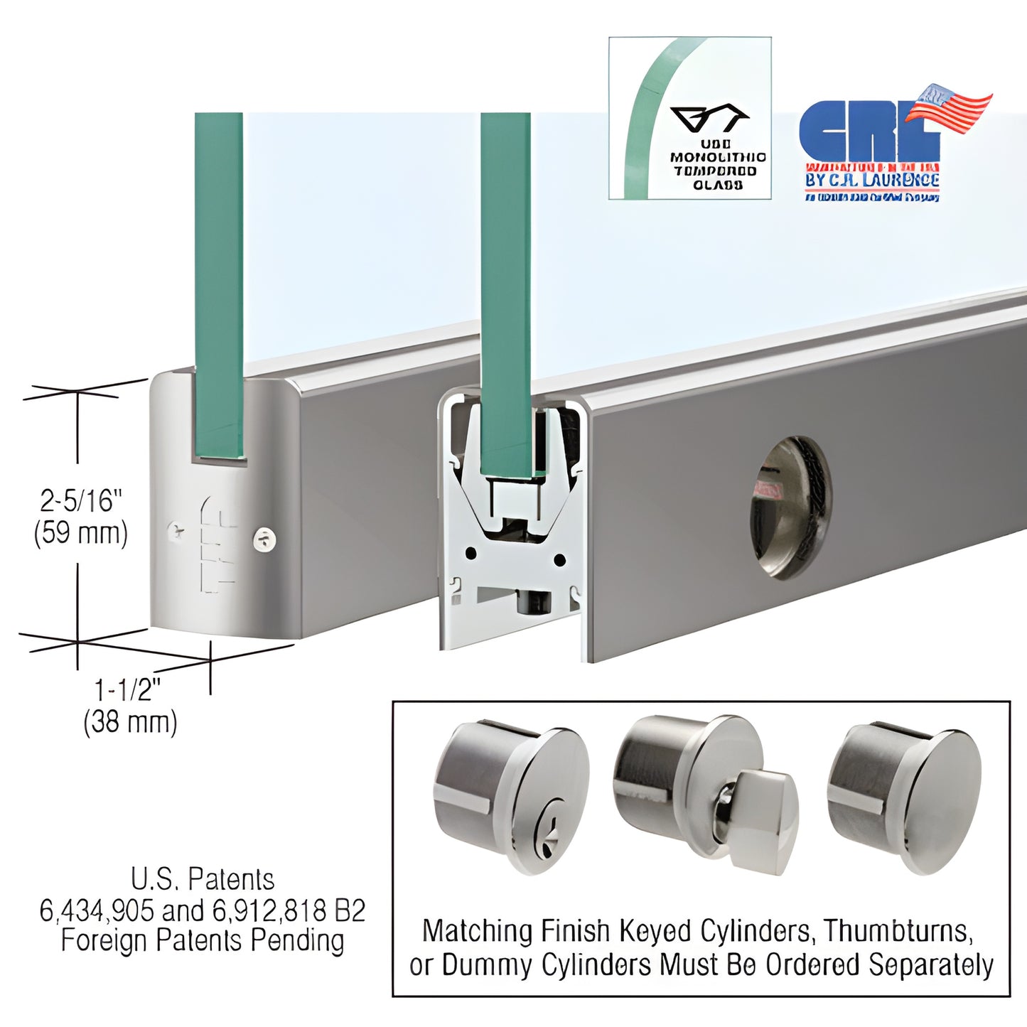 Brushed stainless low-profile door rail for 3/8" glass with Wedge-Lock system and optional lock, 2-5/16" 1-1/2"