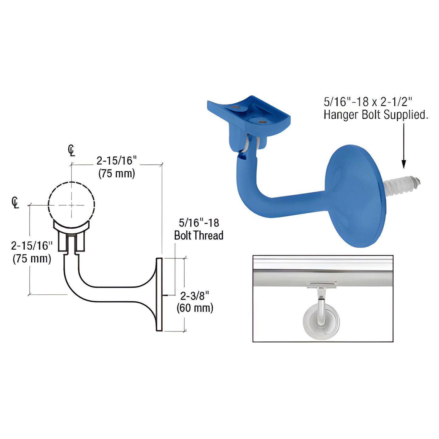HR15WABSC La Jolla 316 stainless brushed steel wall-mounted 2-way adjustable handrail bracket for 1-1/2" & 2" tubing