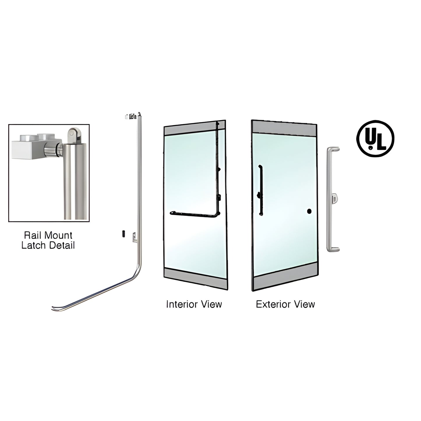 PA100X3RKBS brushed stainless tubular panic handle for 1/2 or 3/4" glass doors, interior rail-mounted latch, UL listed
